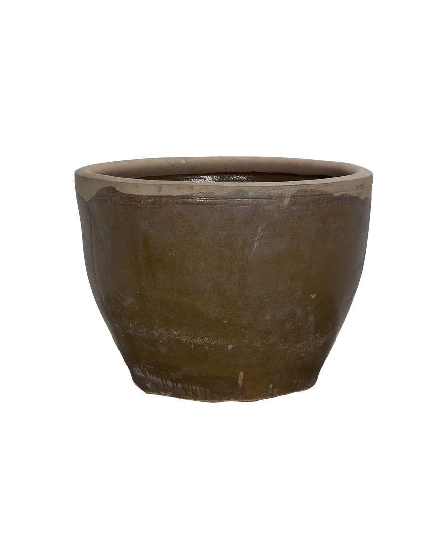Vintage Chinese mulberry-color glazed OAK planter, distressed exterior texture, side view.