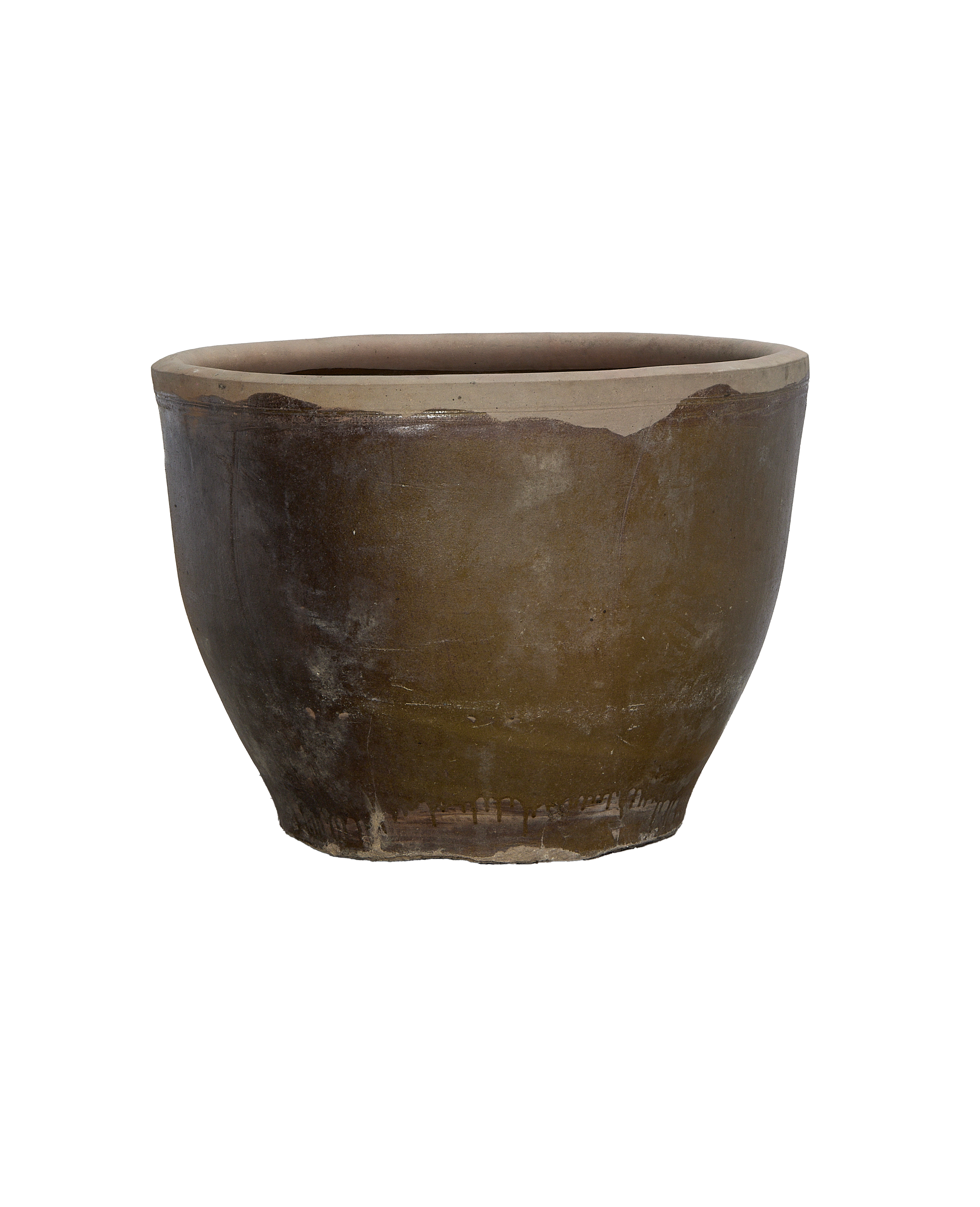 Vintage Chinese mulberry planter, oak, showing chipped rim and distressed, weathered finish.