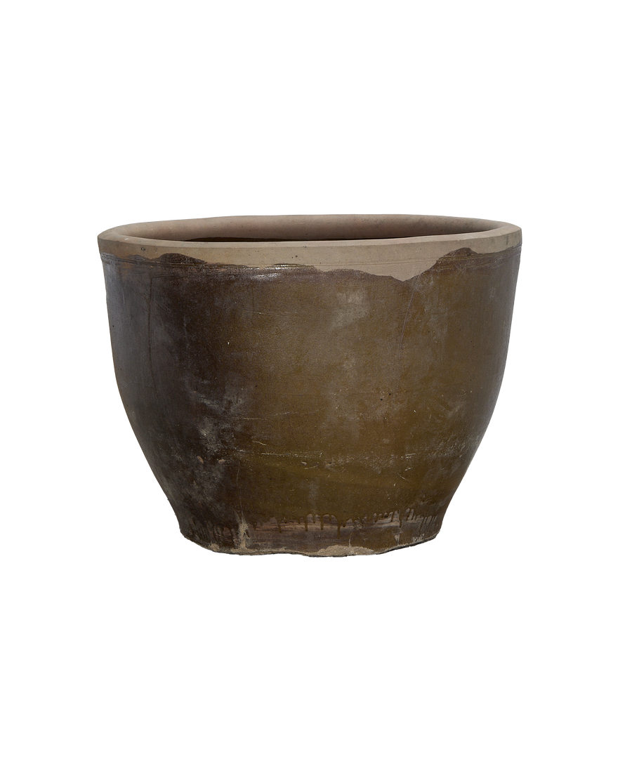 Vintage Chinese mulberry planter, oak, showing chipped rim and distressed, weathered finish.