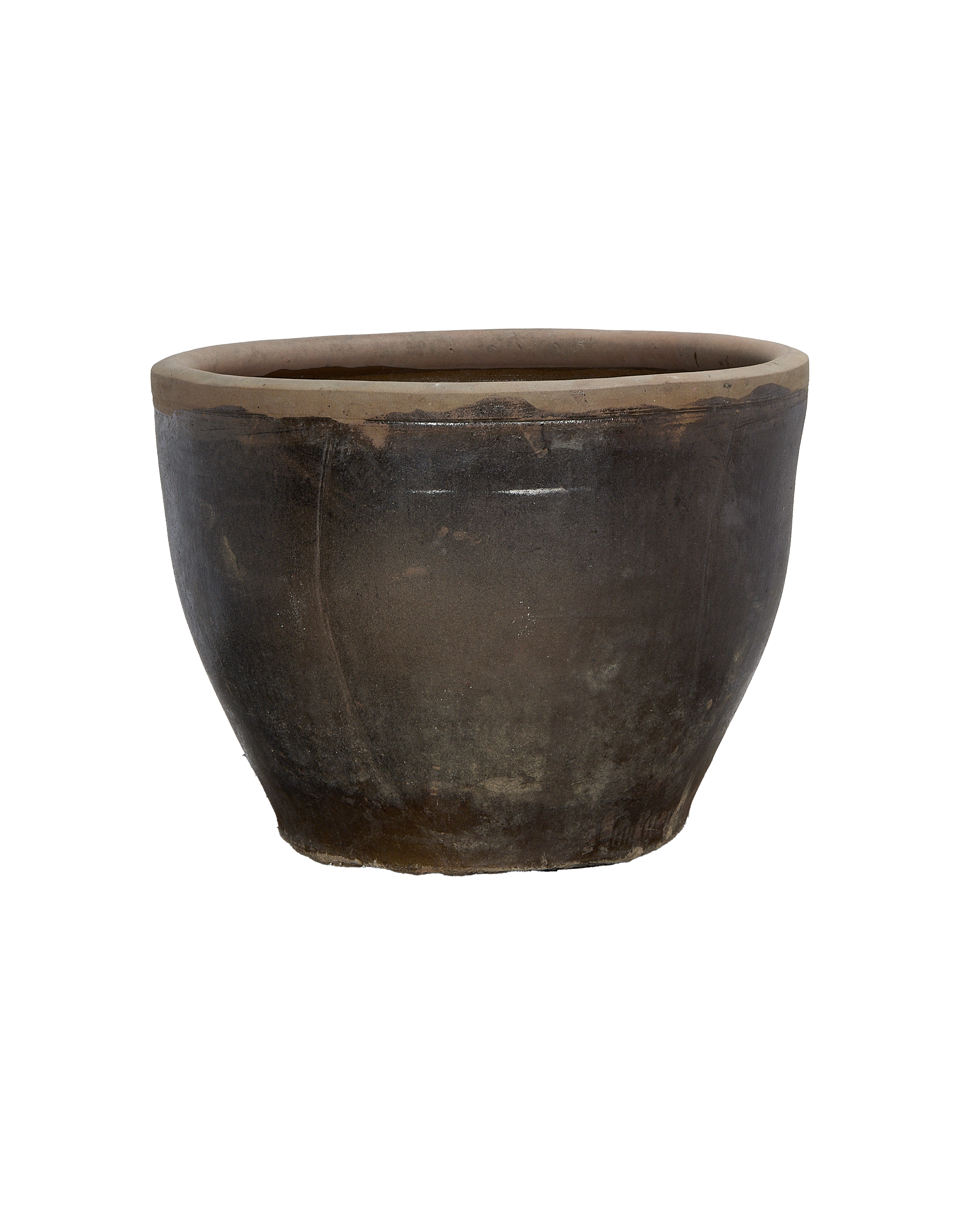 Vintage Chinese OAK Mulberry Planter, wide-angle view, rustic distressed pottery surface.