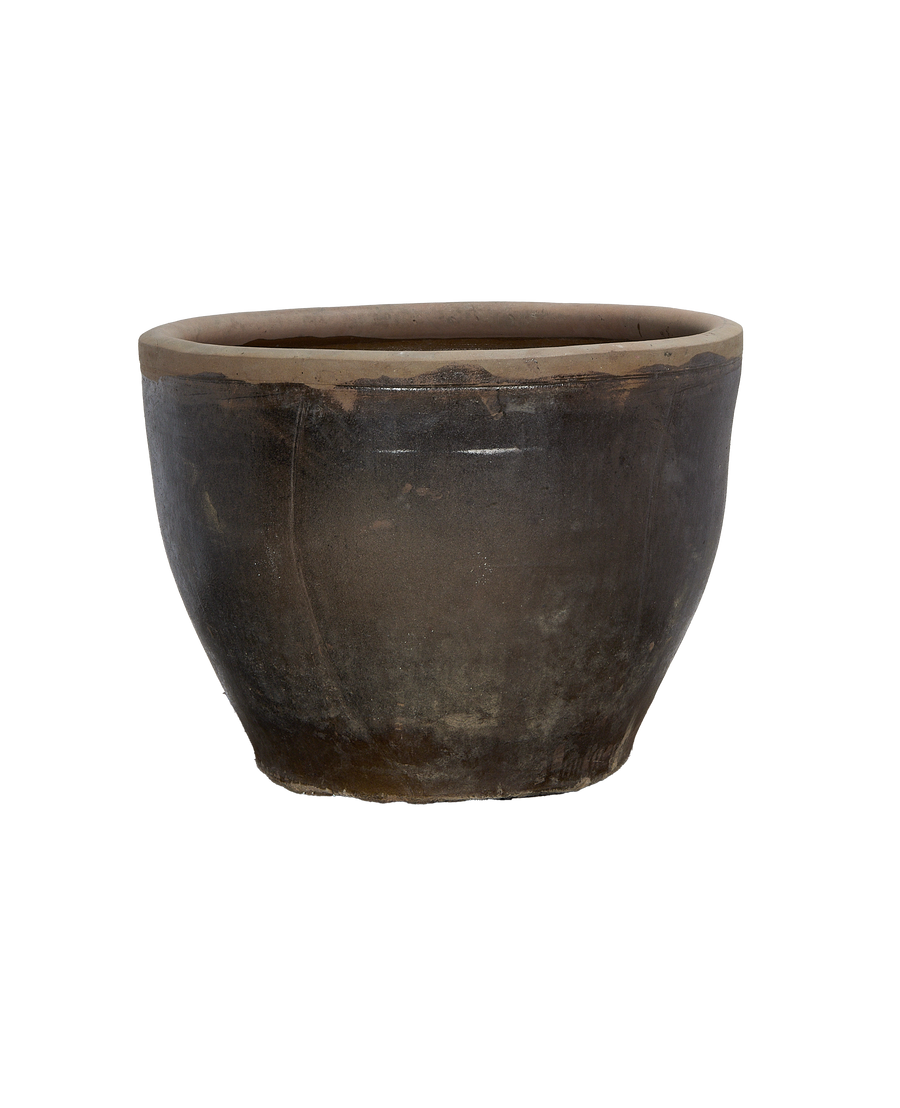 Vintage Chinese OAK Mulberry Planter, wide-angle view, rustic distressed pottery surface.