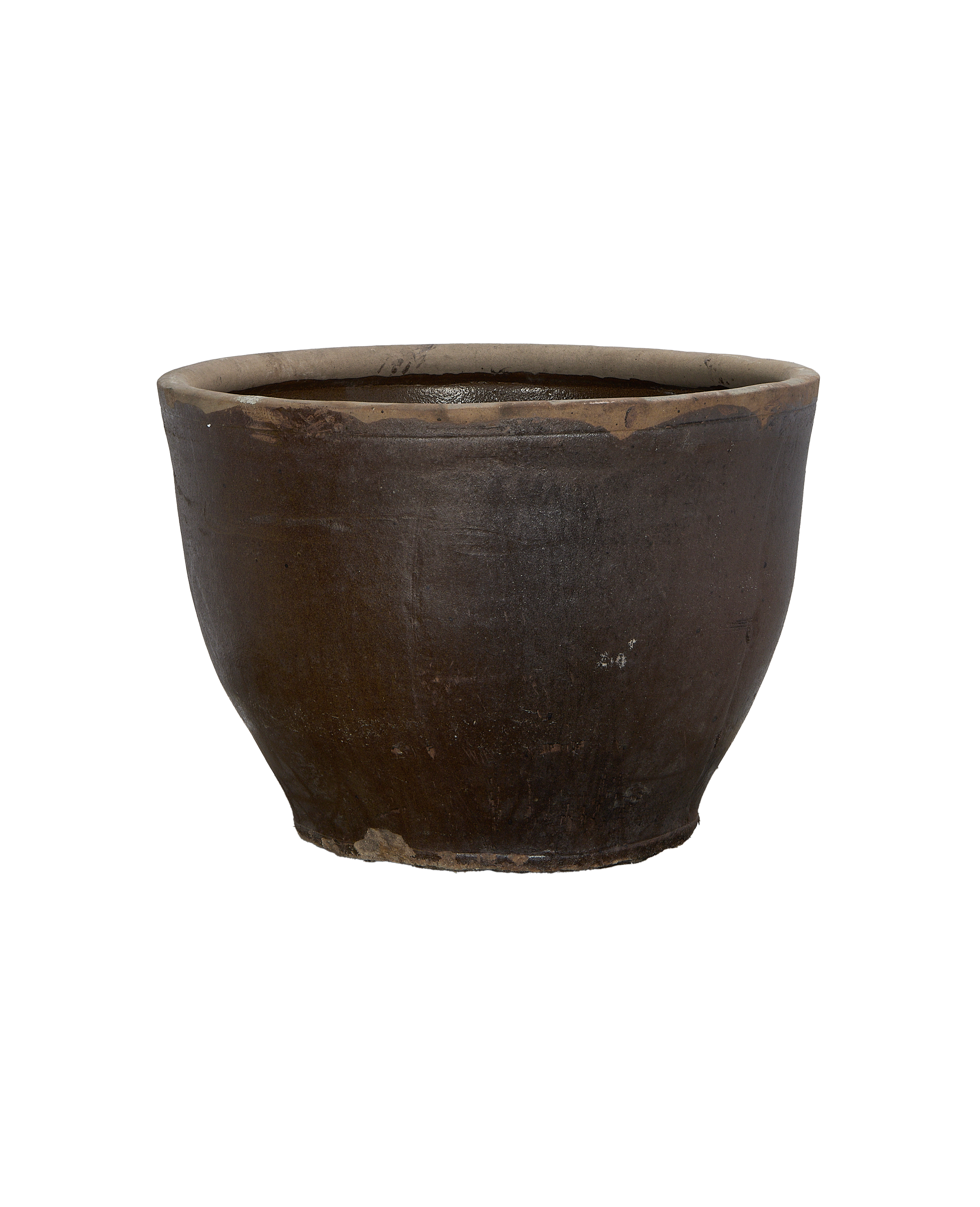 Vintage Chinese Mulberry Planter, rustic dark brown oak pot, weathered texture.