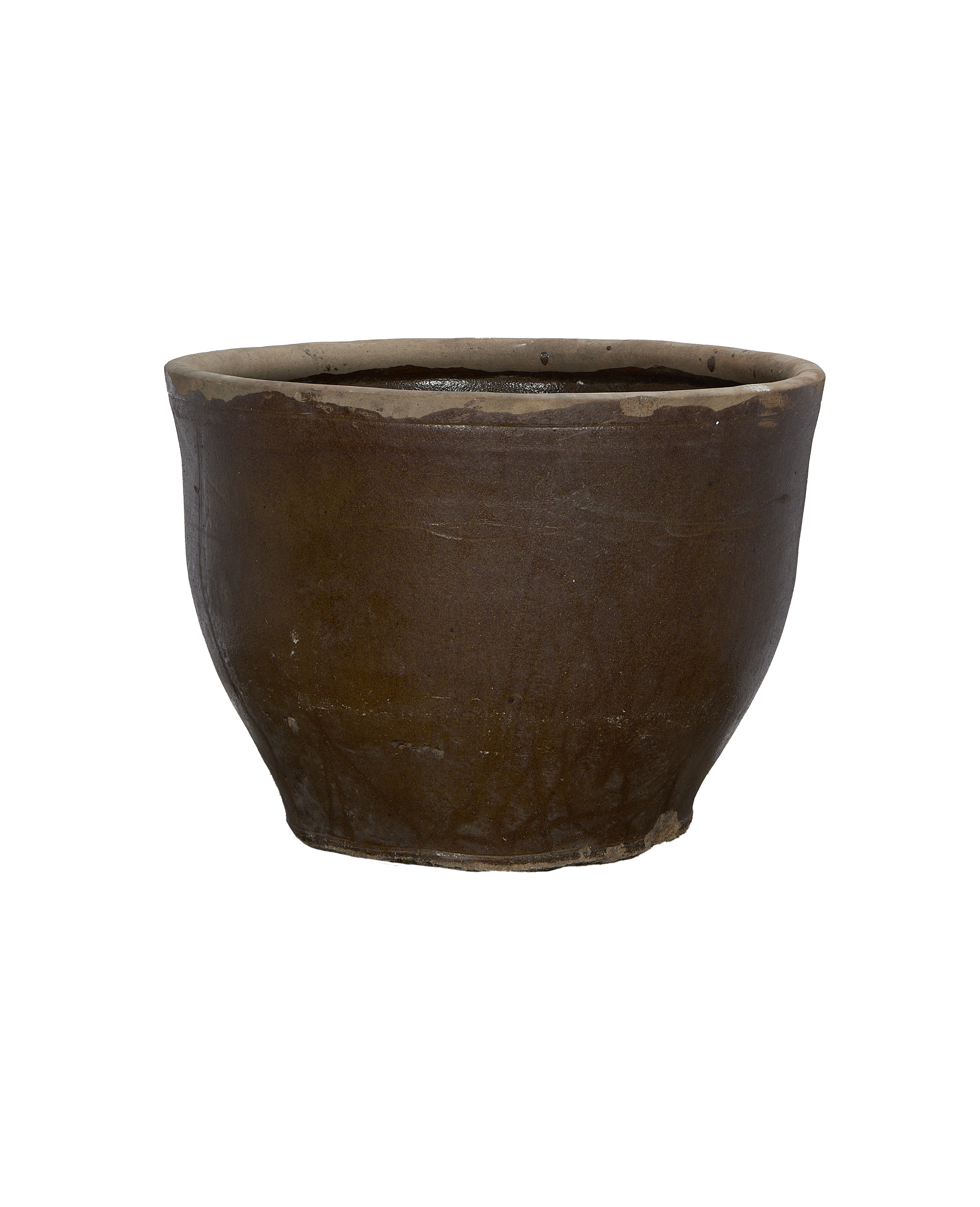 Vintage Chinese mulberry planter vase, rustic oak-colored ceramic, showcasing aged rim and texture.