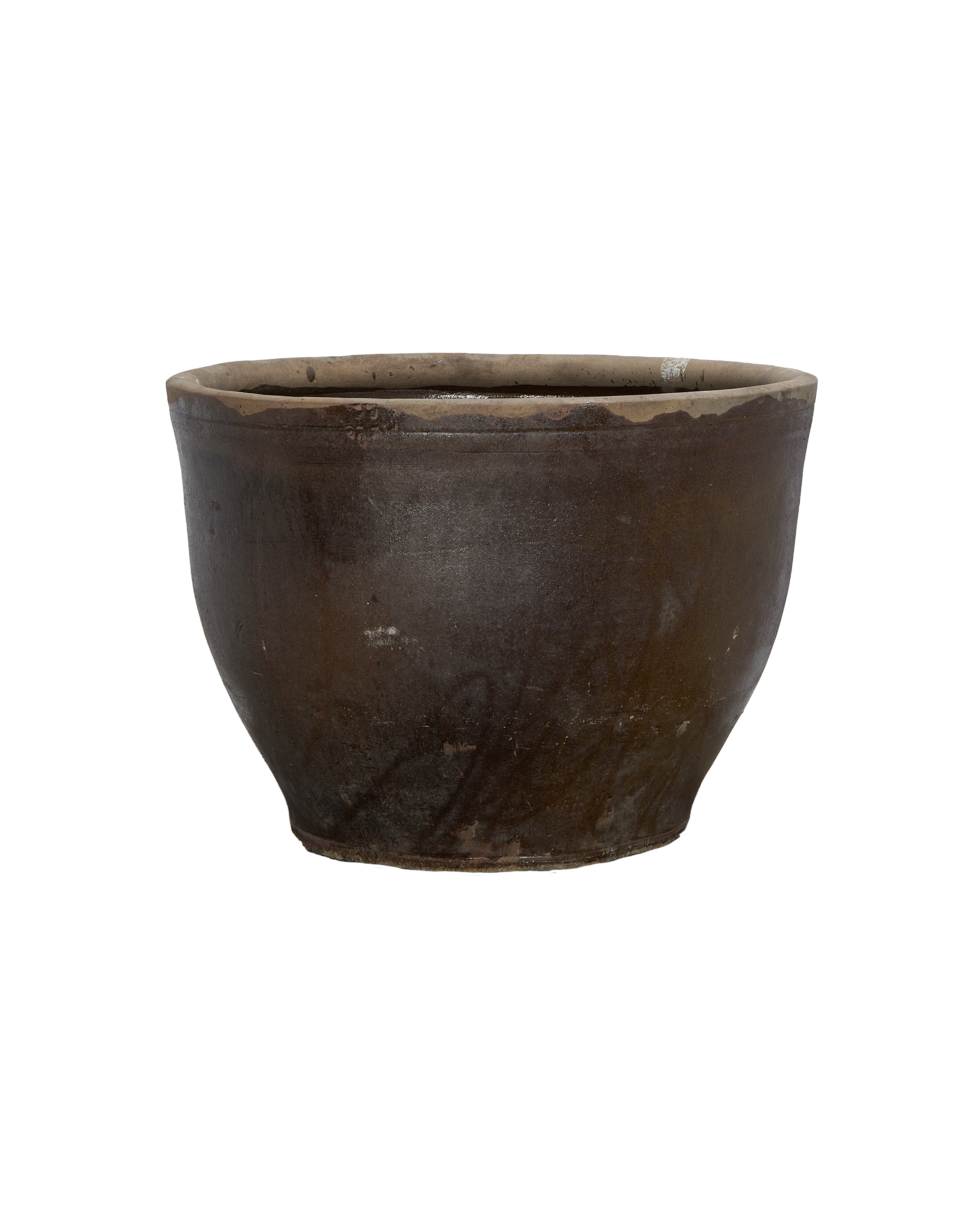 Vintage Chinese brown ceramic Mulberry Planter, showing weathered texture and rim detail.