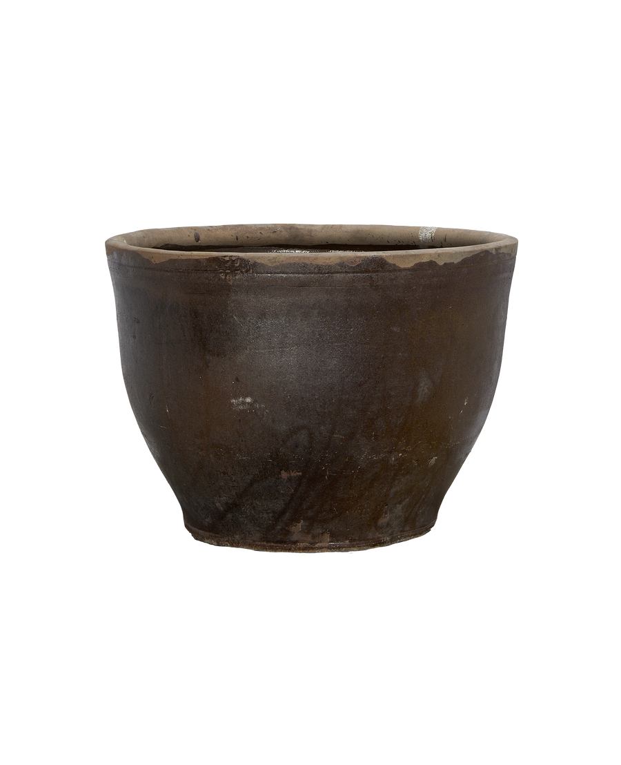 Vintage Chinese brown ceramic Mulberry Planter, showing weathered texture and rim detail.