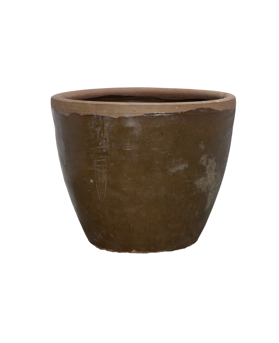 Vintage Chinese mulberry color oak planter, light brown rim and aged patina.