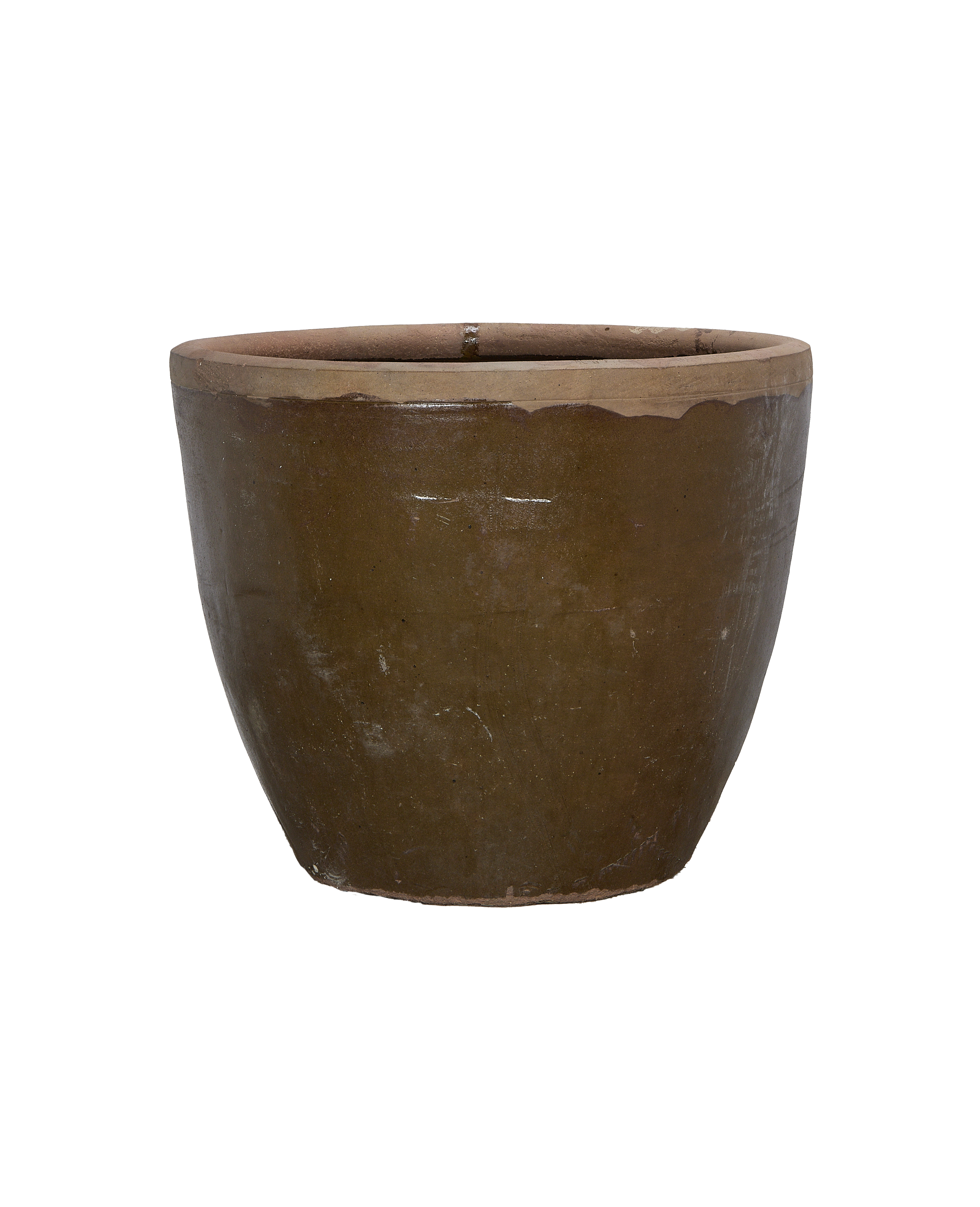 Vintage Chinese OAK Mulberry Planter, showing weathered texture on rim and dark brown surface.