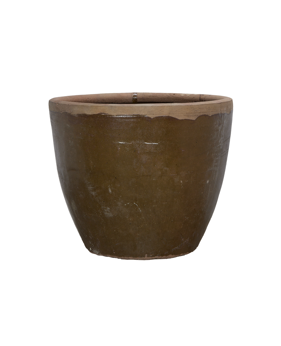 Vintage Chinese OAK Mulberry Planter, showing weathered texture on rim and dark brown surface.