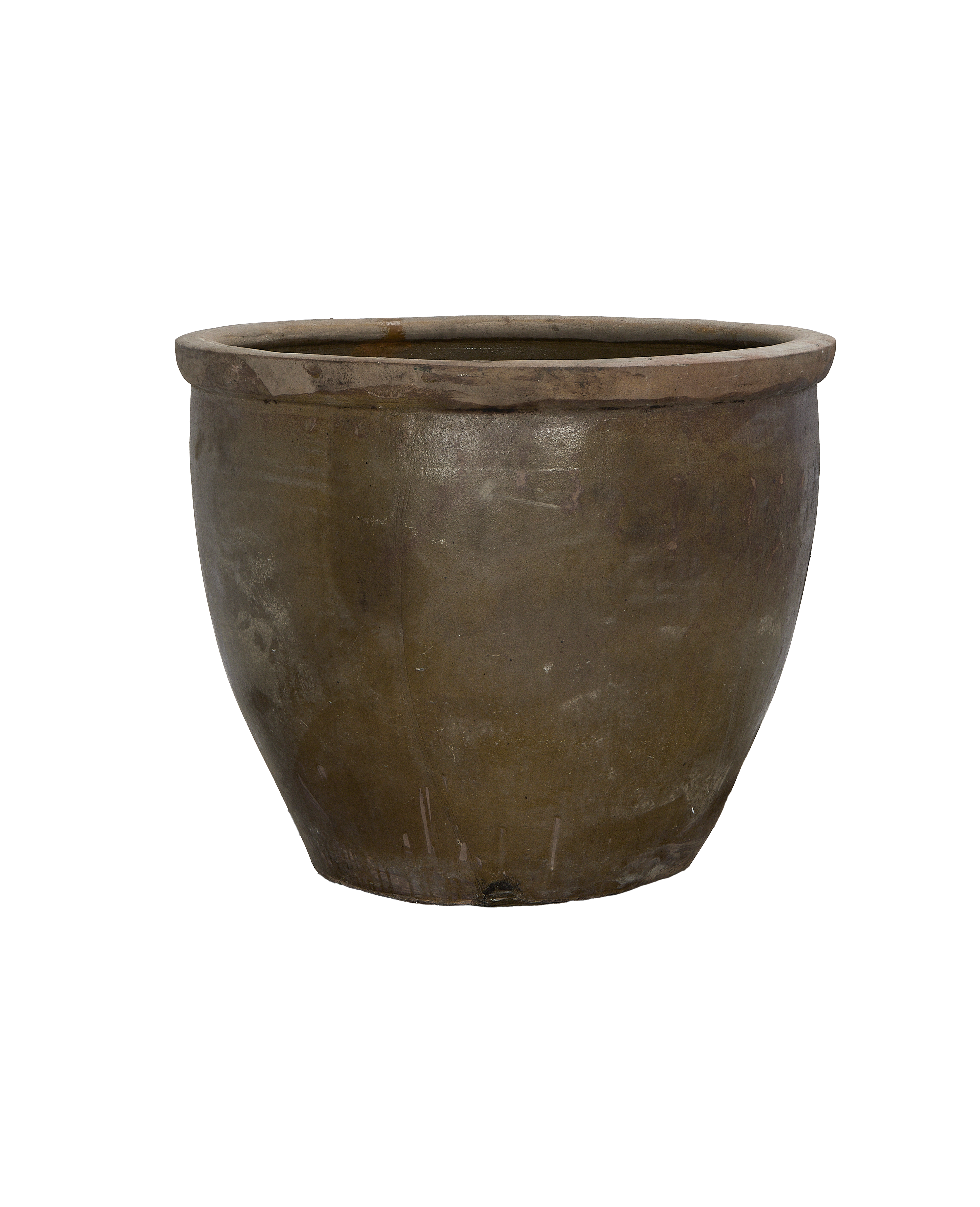 Vintage Chinese Mulberry Planter, round, dark unglazed ceramic with weathering and patina.