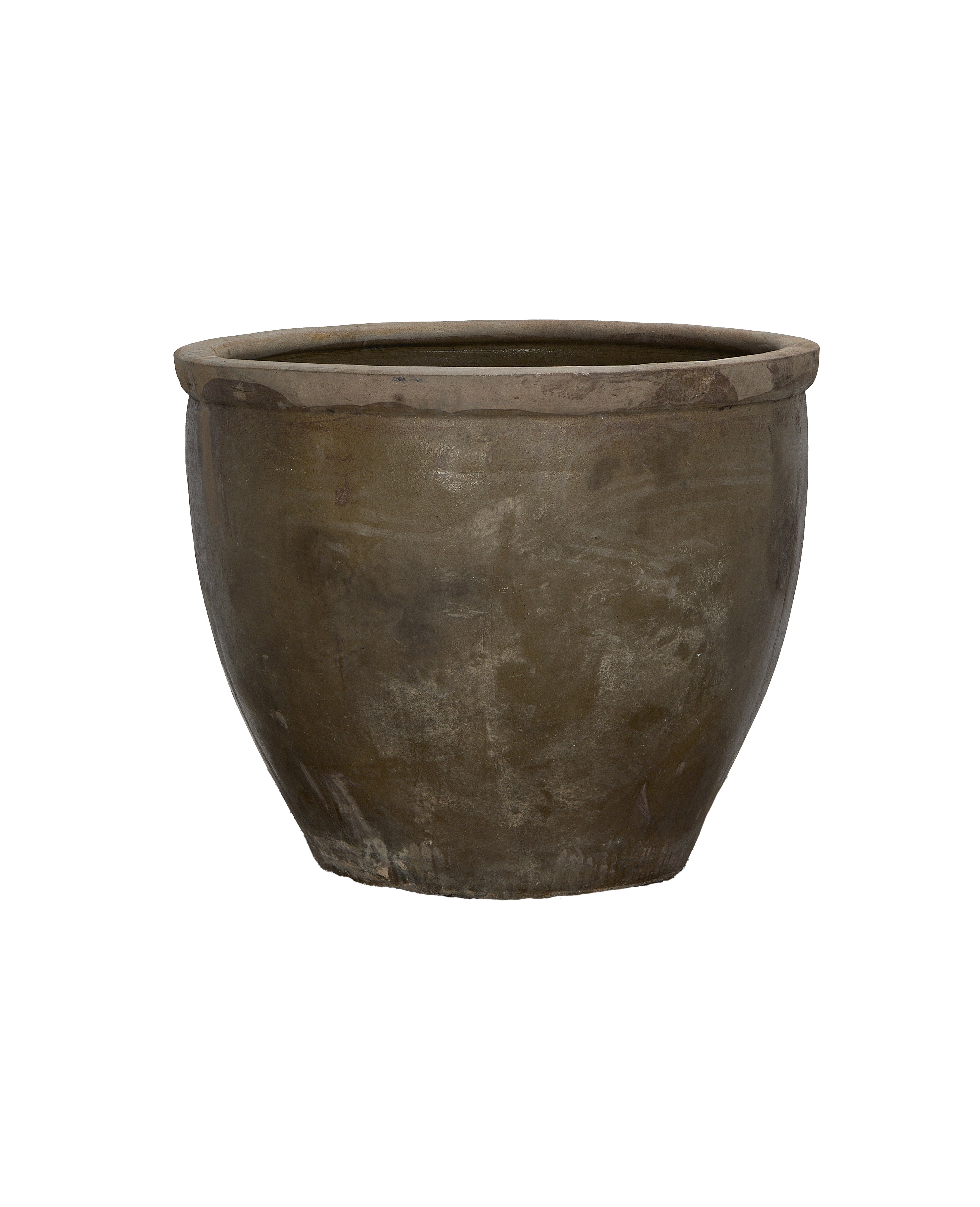 Vintage Chinese Mulberry Planter, weathered oak-like patina. Shows full side view and curved rim.