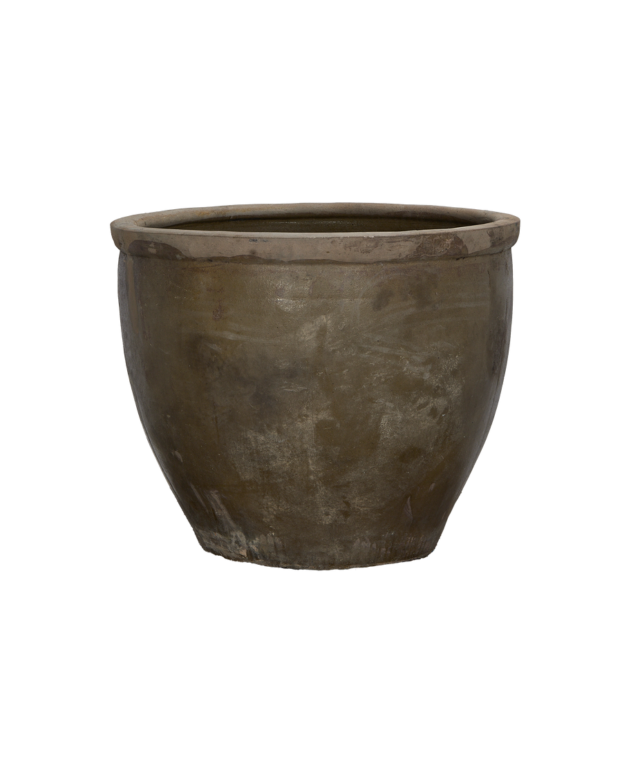 Vintage Chinese Mulberry Planter, weathered oak-like patina. Shows full side view and curved rim.