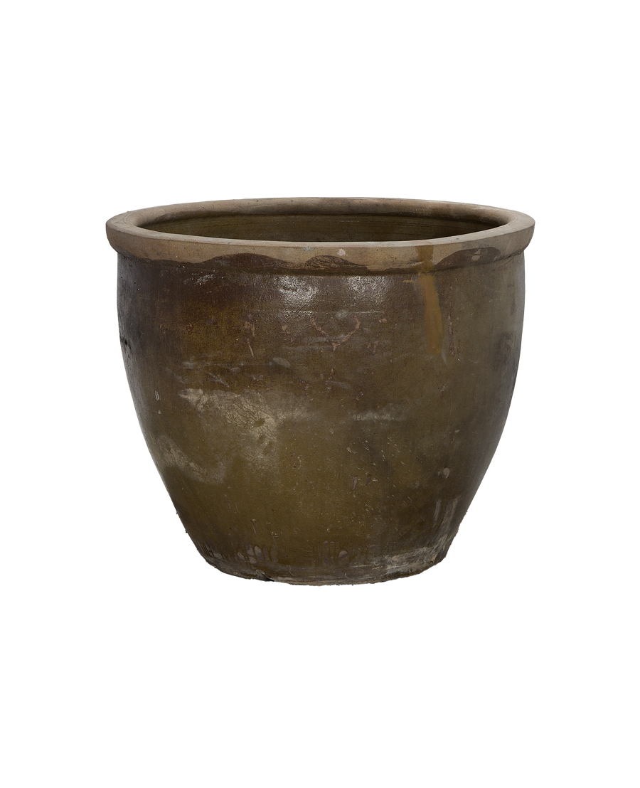 Vintage Chinese mulberry planter, oak, showing subtle side texture and rim detail.
