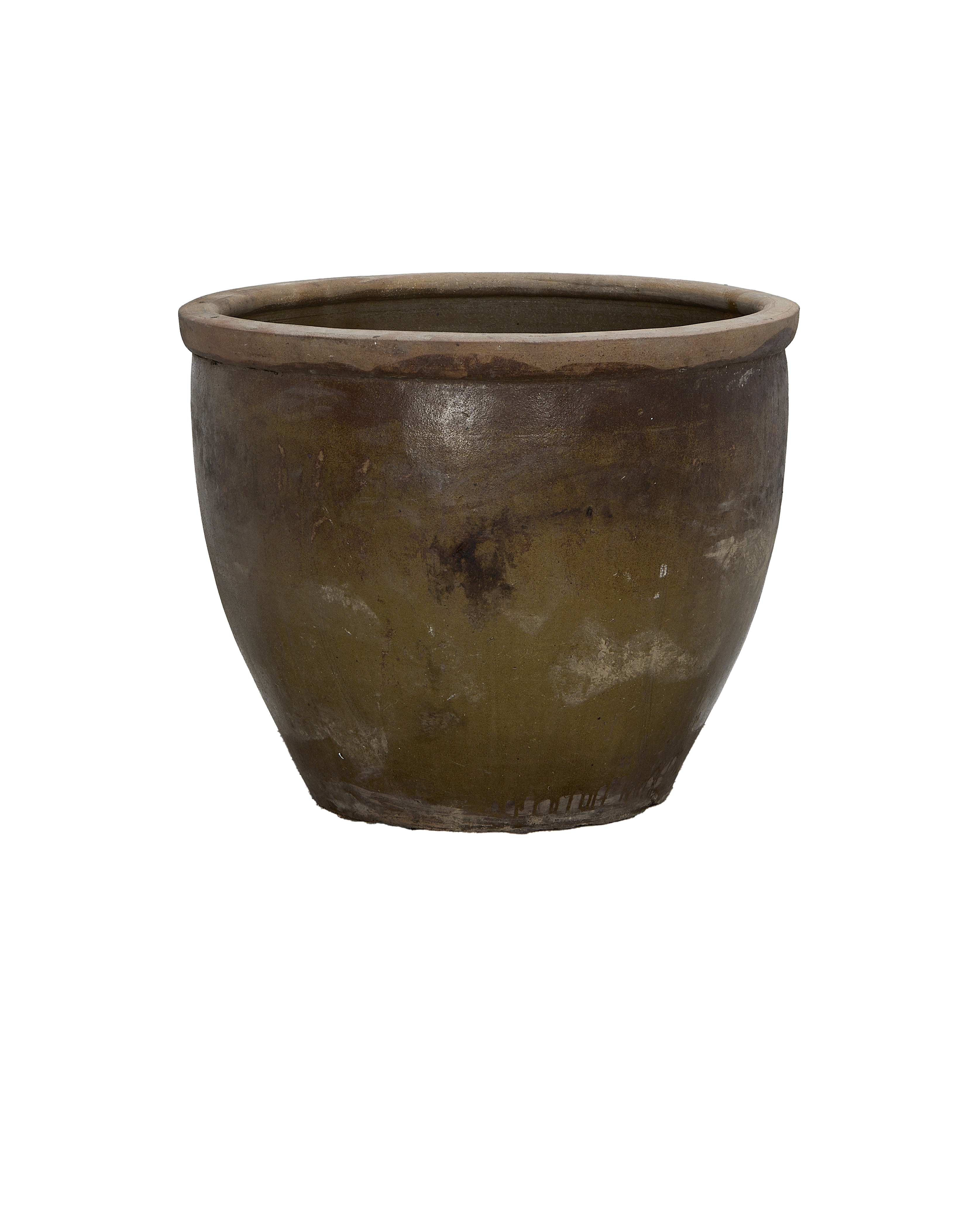 Vintage Chinese Mulberry OAK planter, showing its worn, textured exterior and curved lip.