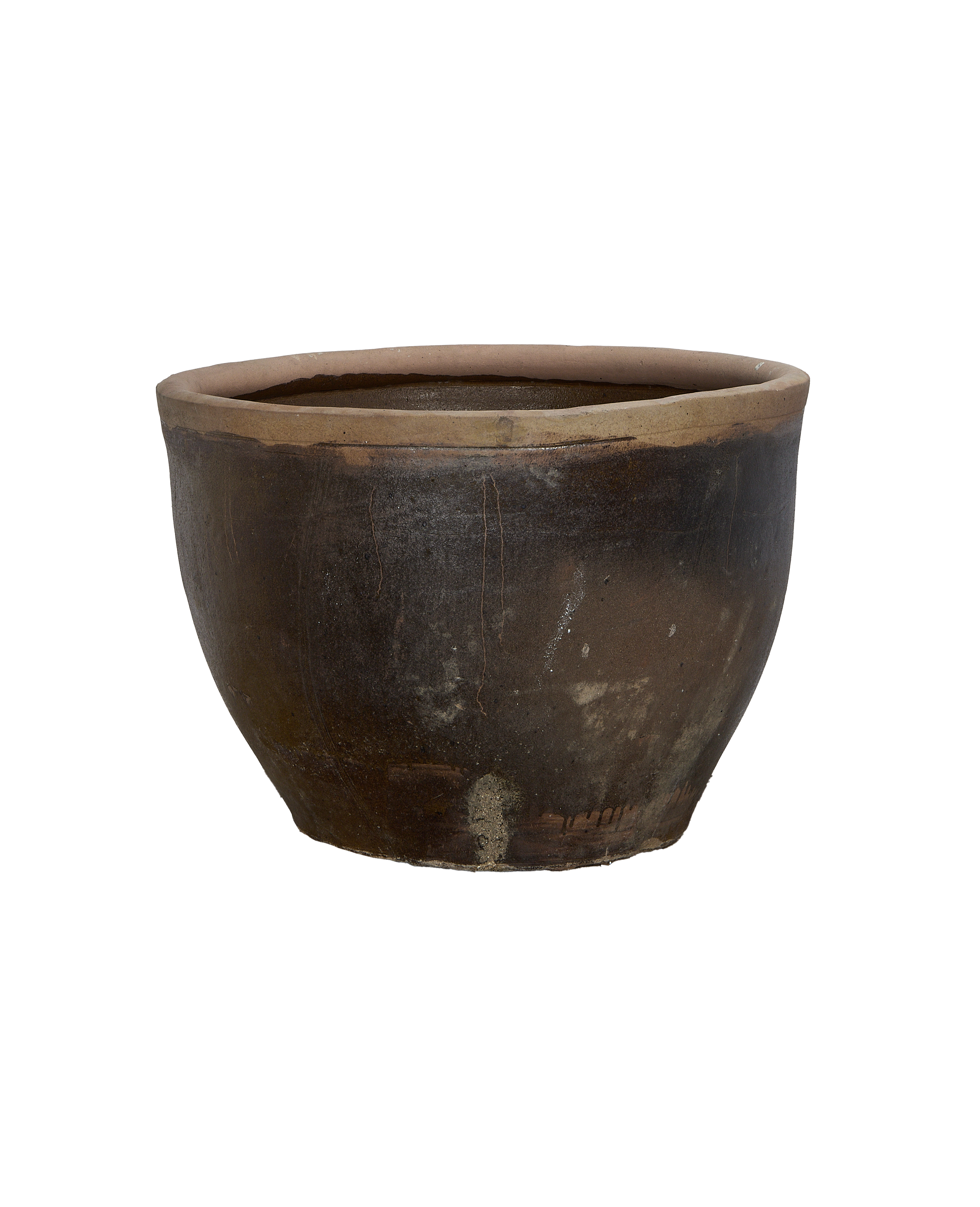 Vintage Chinese OAK mulberry planter, dark brown with textured surface and light rim.