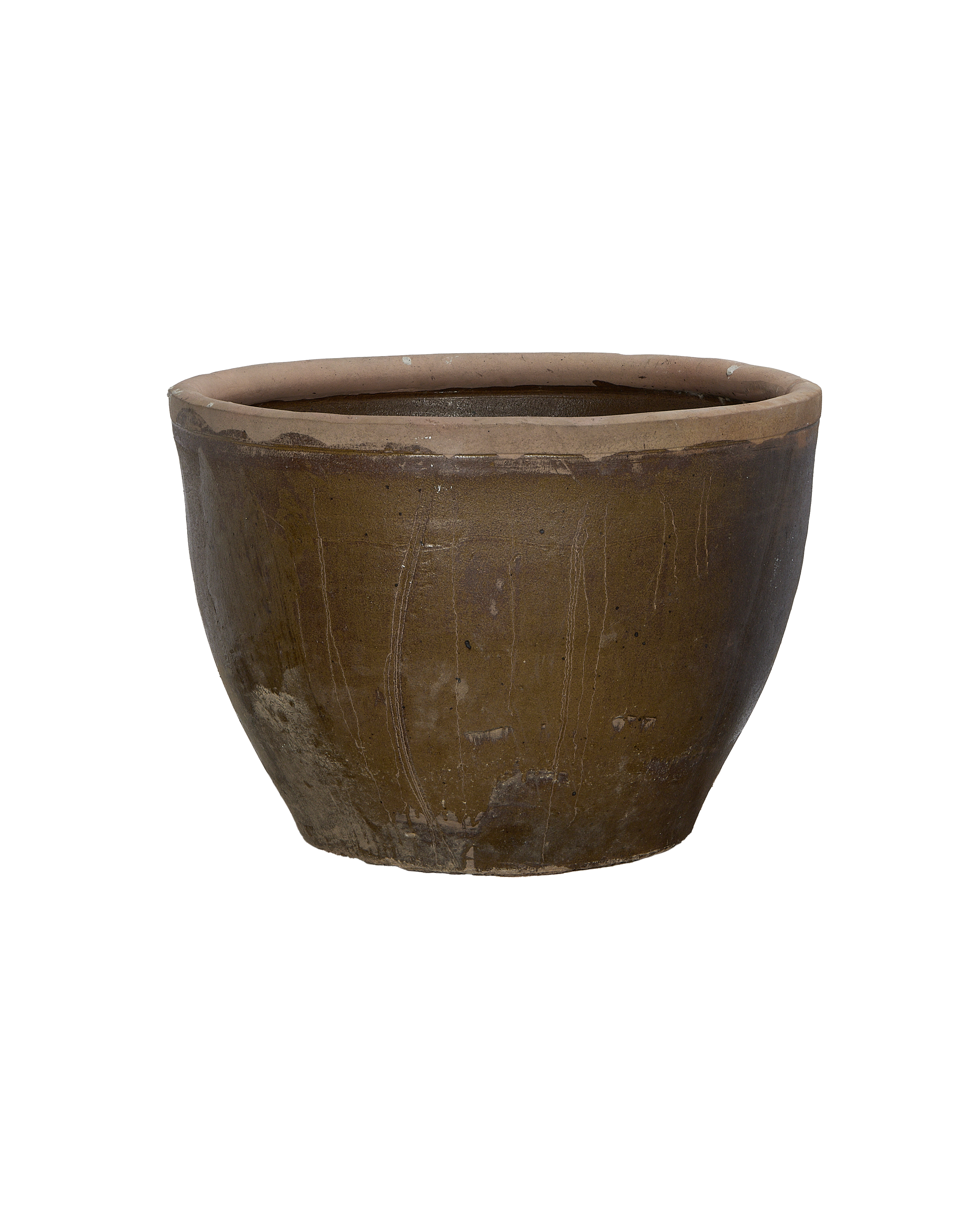 Vintage Chinese OAK mulberry planter, showing brown ceramic texture and aged rim detail.