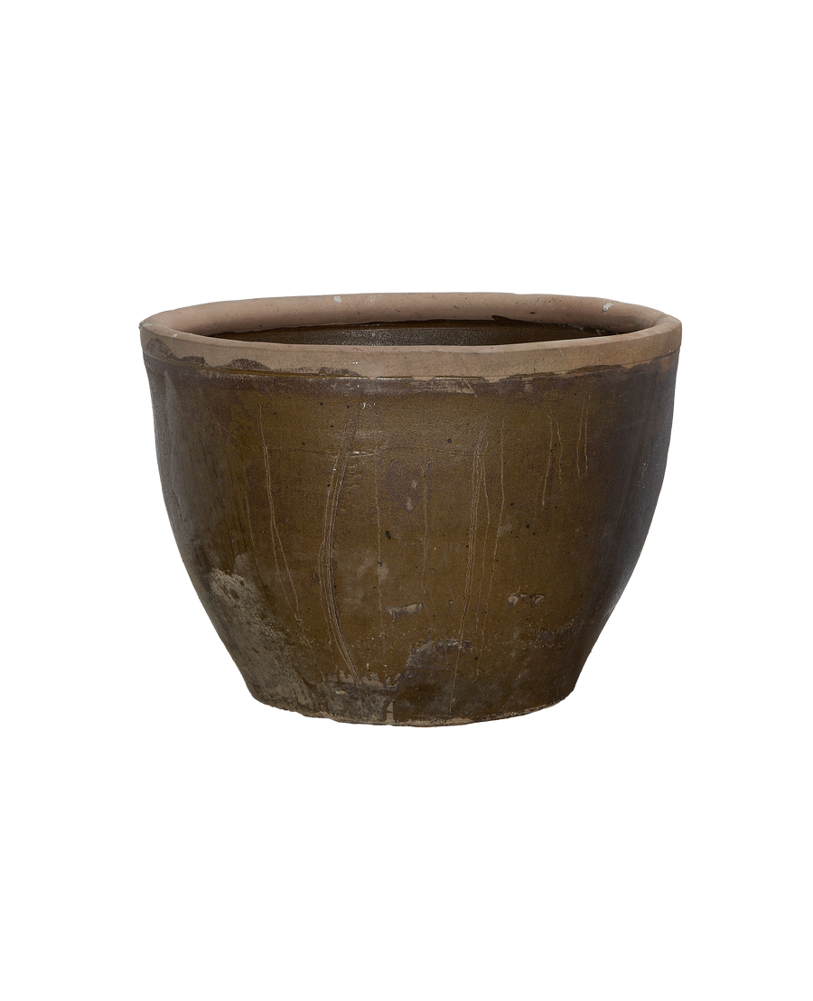 Vintage Chinese OAK mulberry planter, showing brown ceramic texture and aged rim detail.