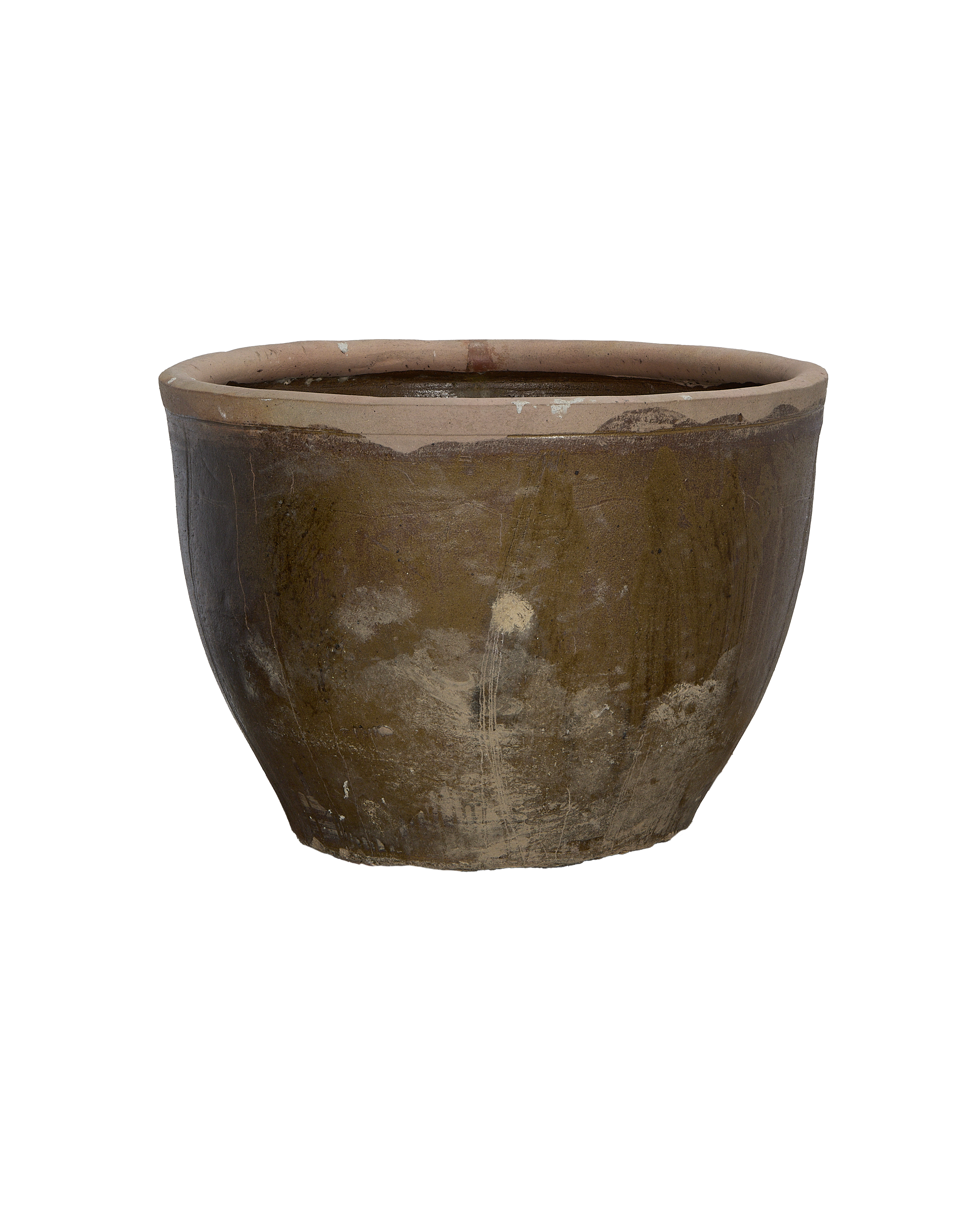 Vintage Chinese OAK mulberry planter, showcasing weathered texture and rim detail from a side angle.
