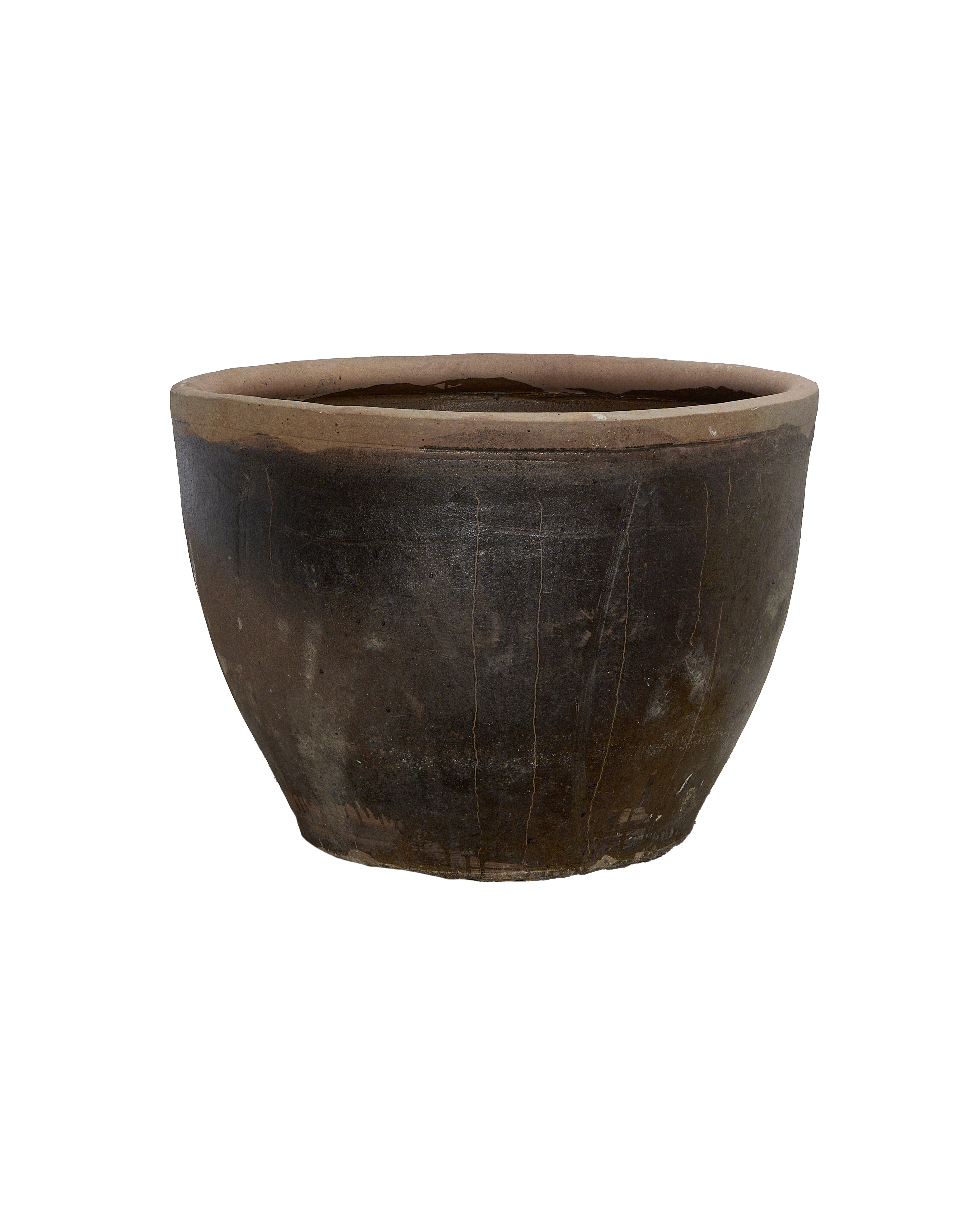 Vintage mulberry planter, distressed dark brown terracotta, showing natural cracks and raw rim.