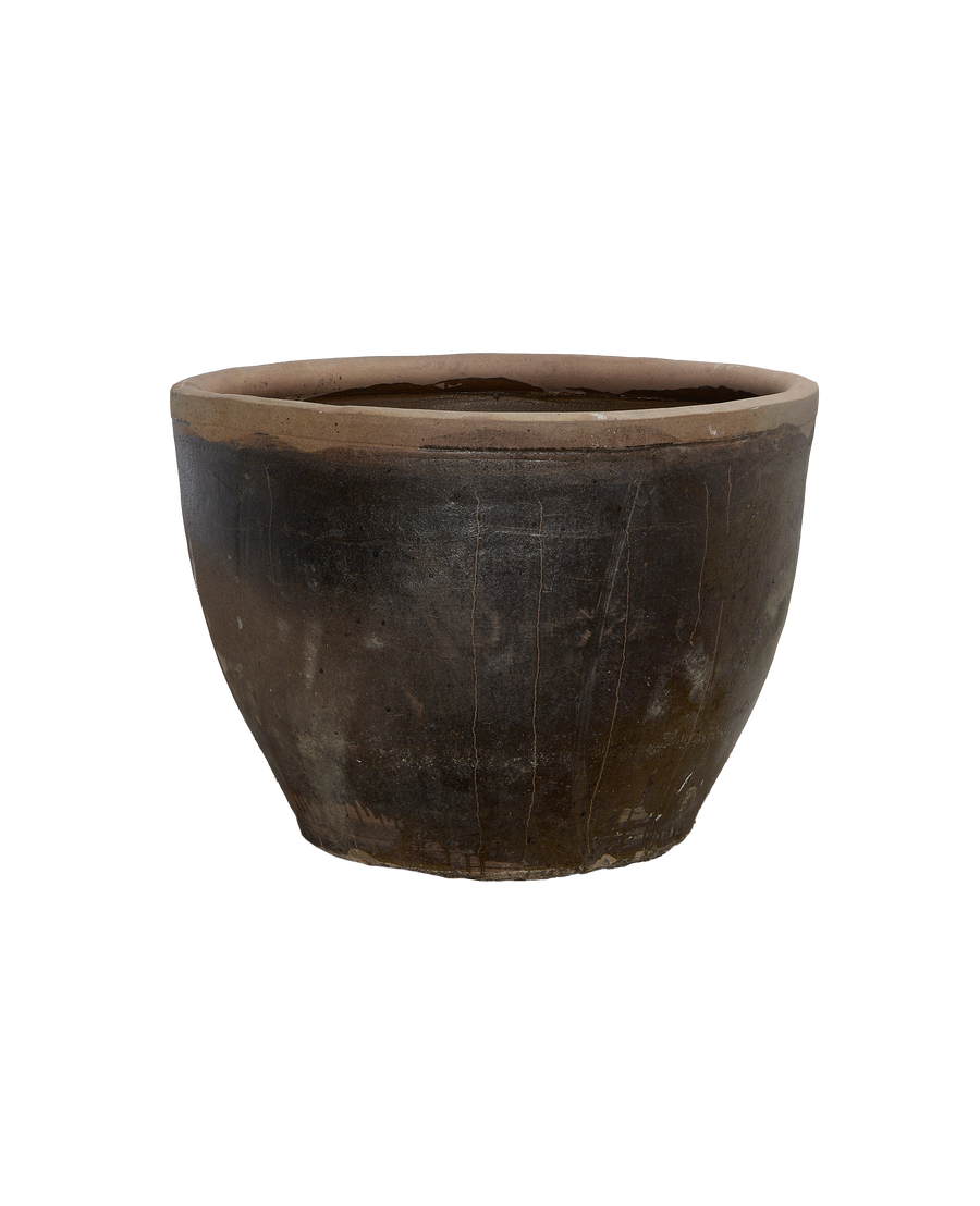 Vintage mulberry planter, distressed dark brown terracotta, showing natural cracks and raw rim.