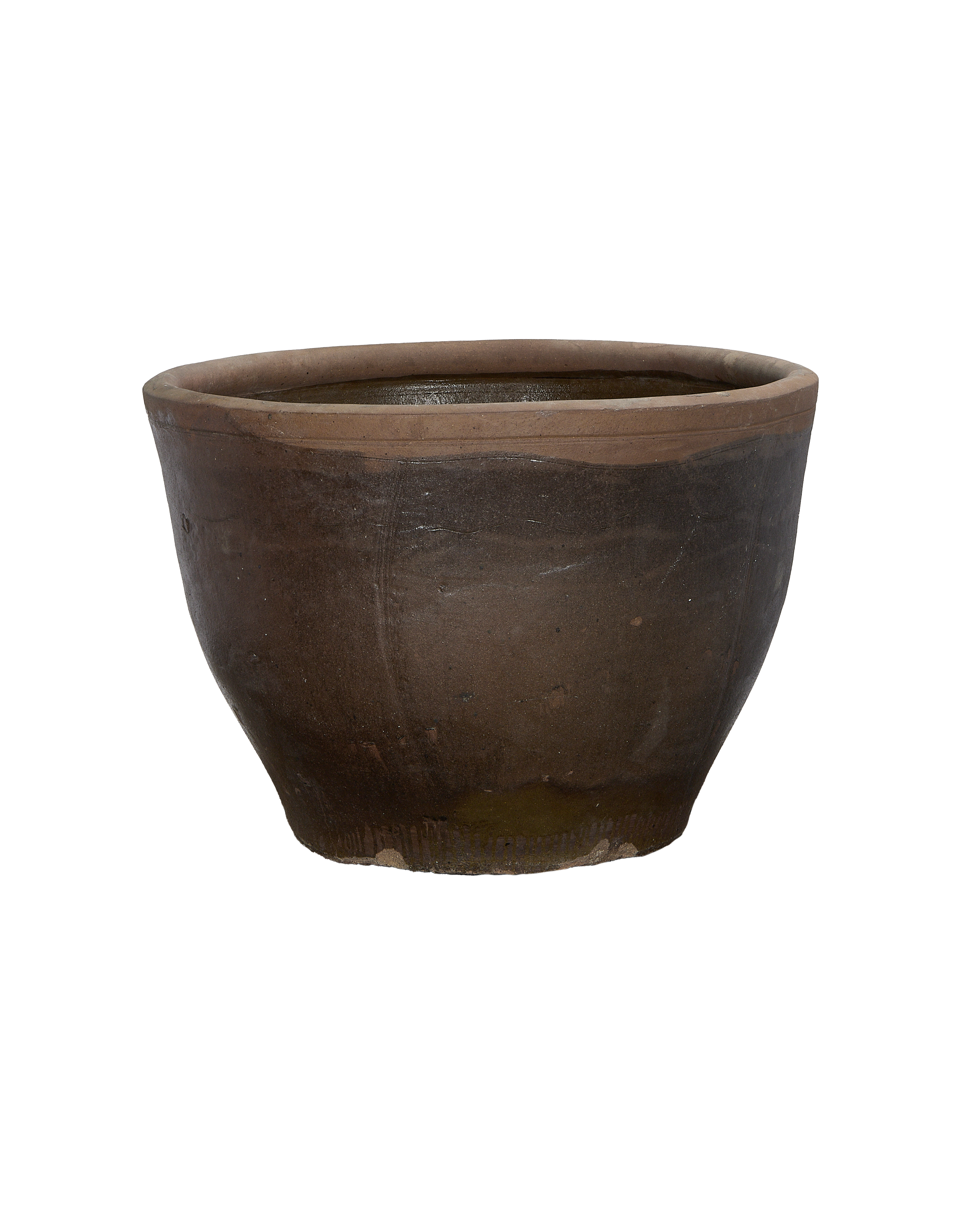 Vintage Chinese terracotta planter, detailed view of textured brown exterior and weathered rim.
