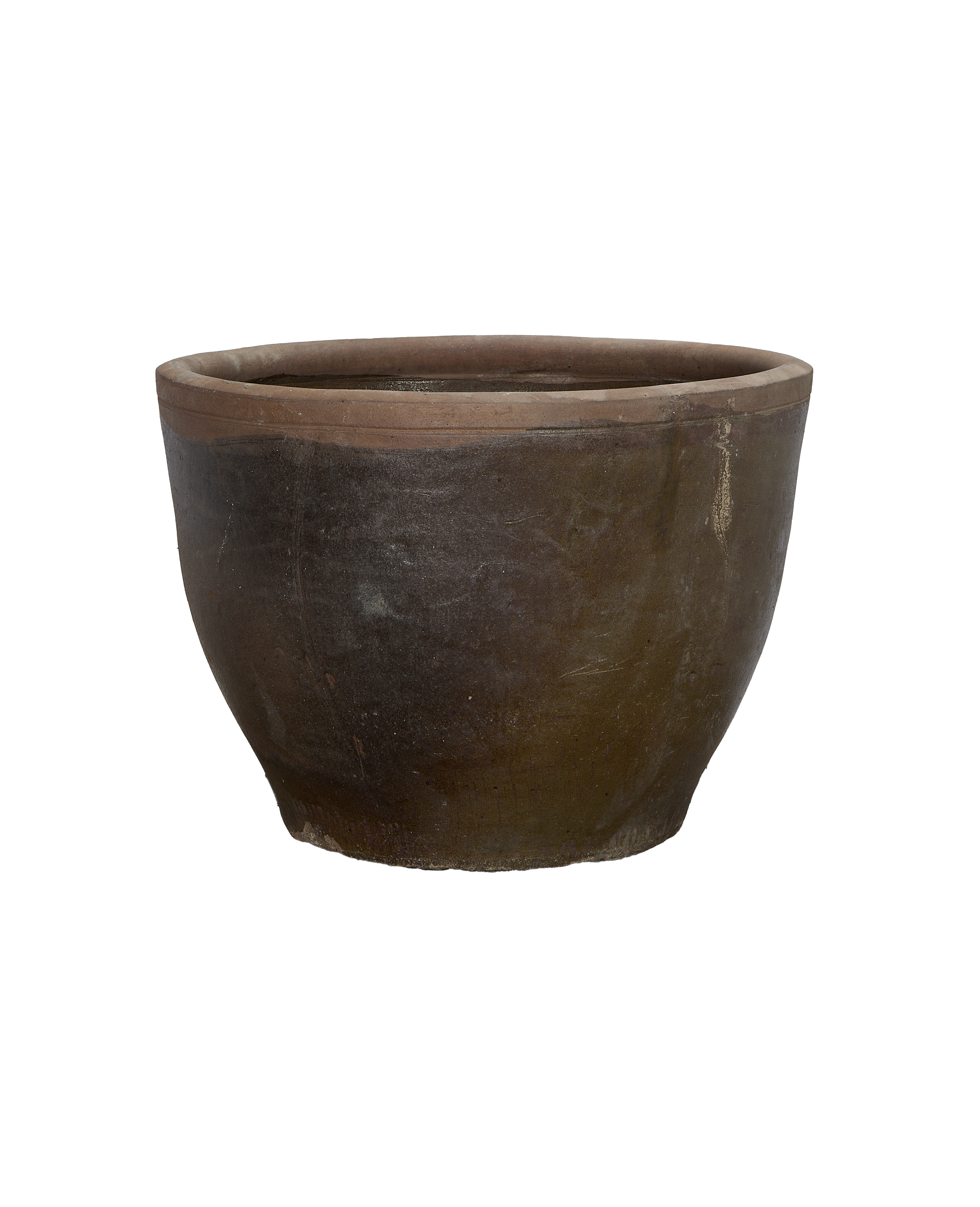 Vintage Chinese OAK mulberry planter, showing raw unglazed rim and distressed texture.