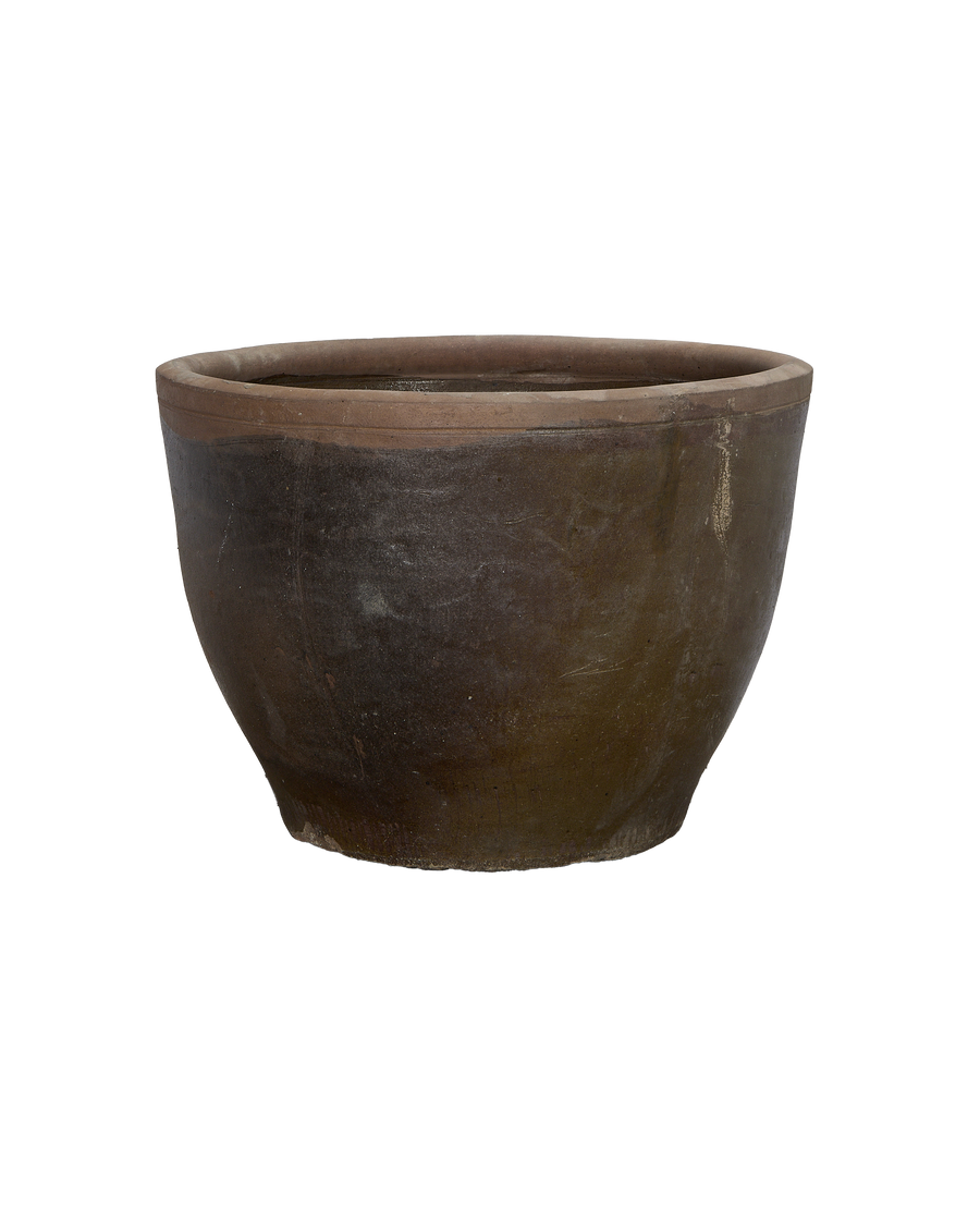 Vintage Chinese OAK mulberry planter, showing raw unglazed rim and distressed texture.