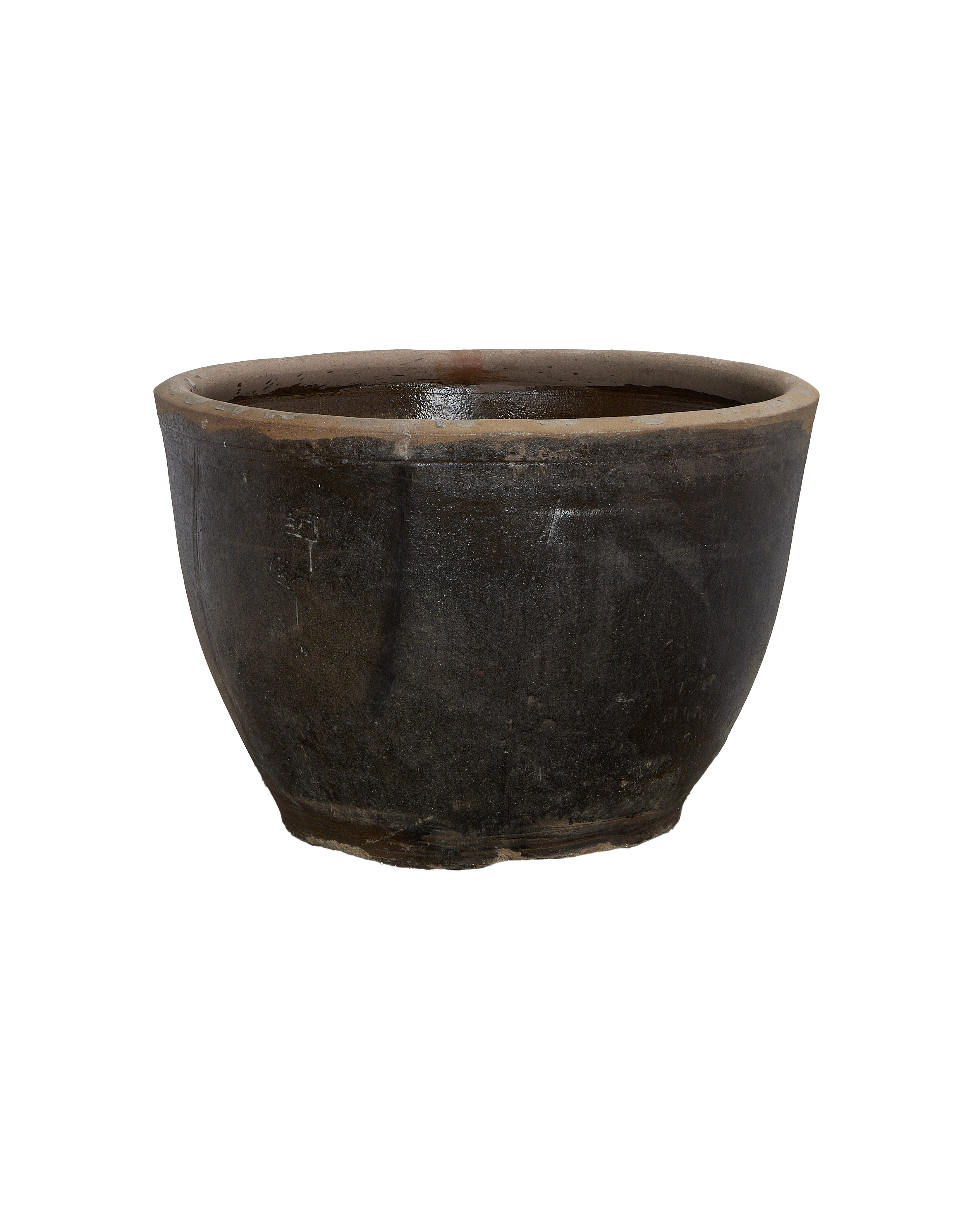 Vintage Chinese Mulberry Planter, dark brown glazed OAK, distressed bowl-shaped pot.