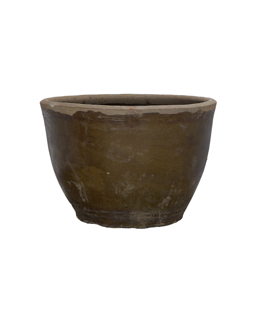 Vintage Chinese Mulberry planter, shallow angle revealing weathered patina and rustic texture.