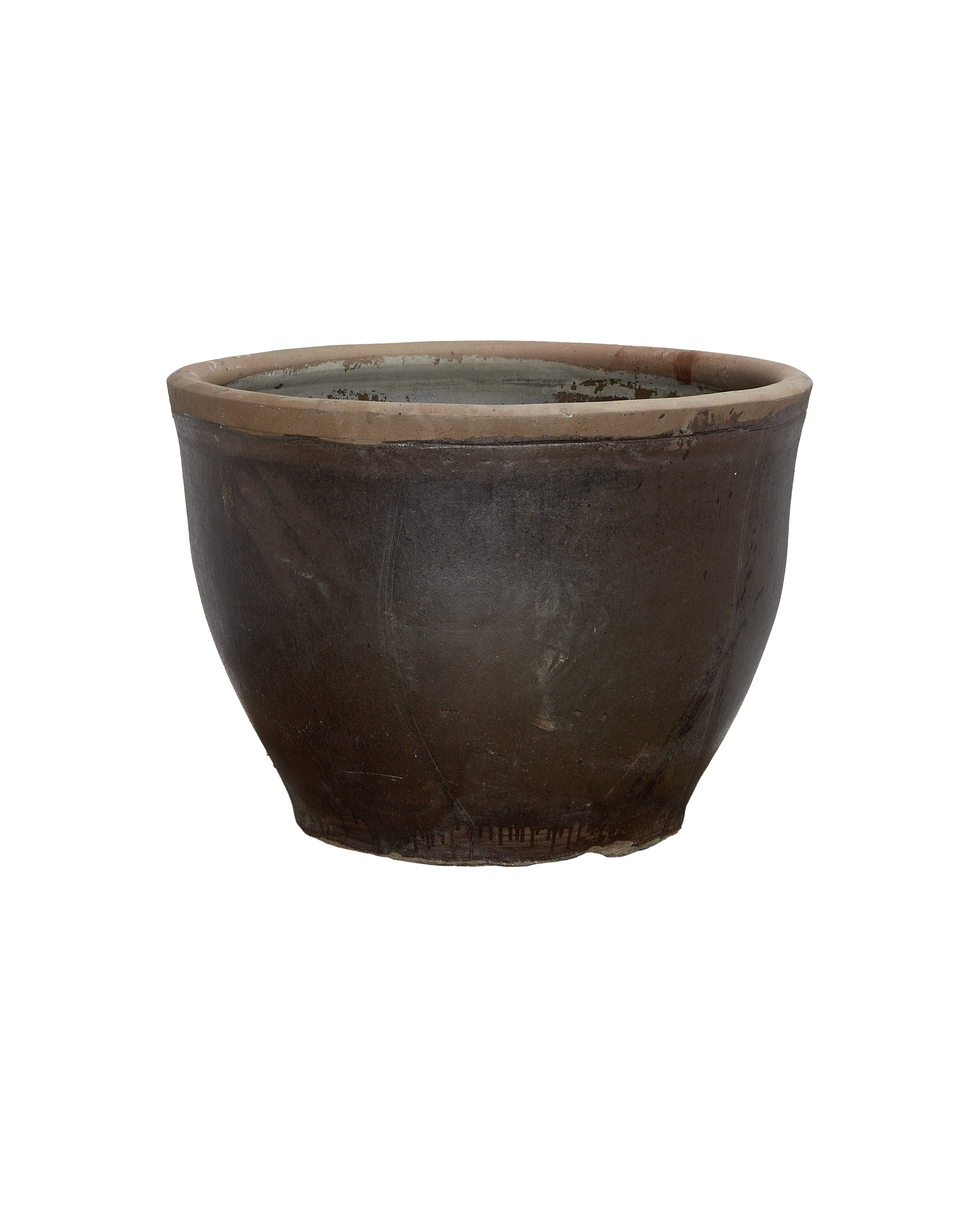 Vintage Chinese OAK Mulberry planter pot, weathered dark brown, showing textured rim.