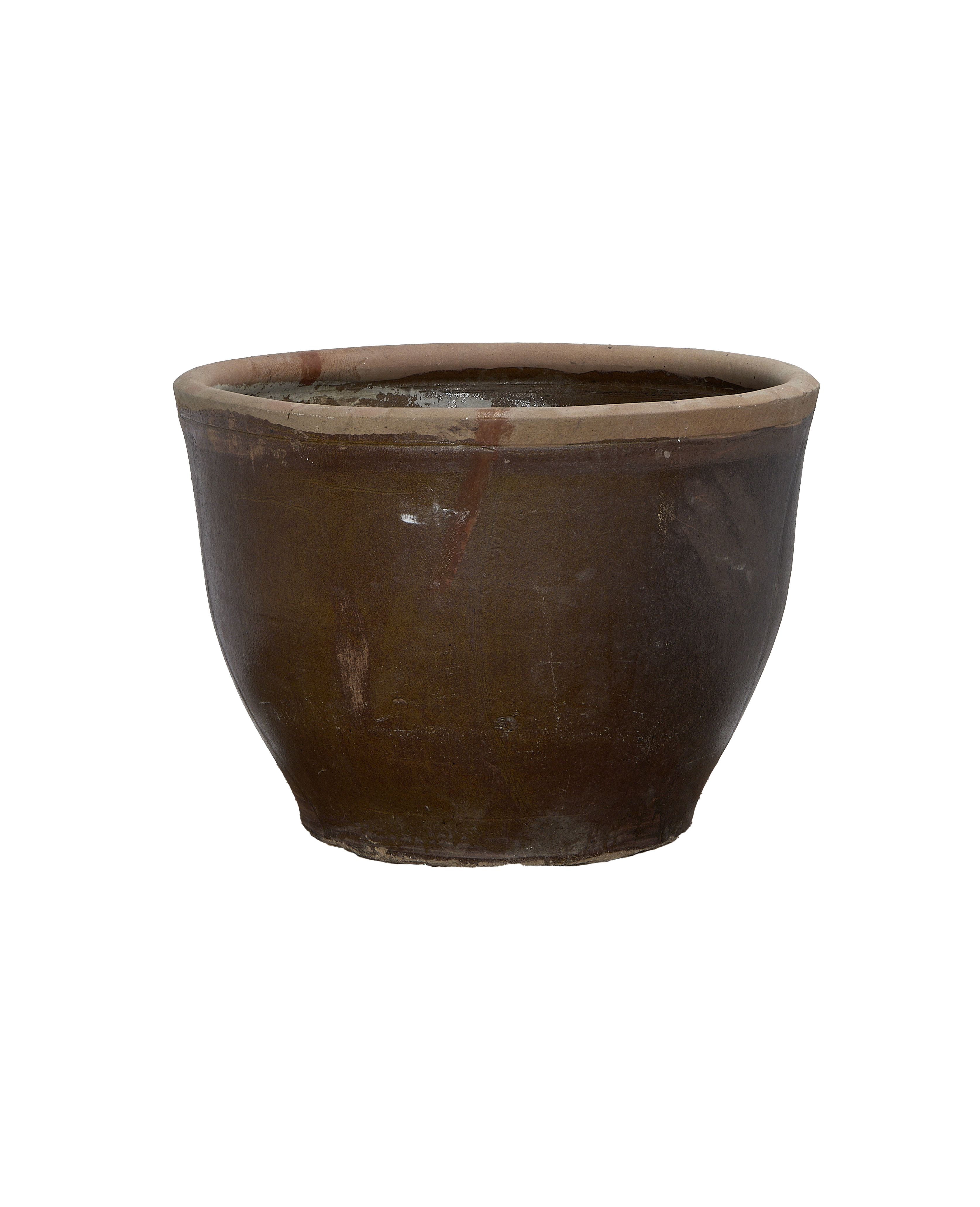 Vintage round ceramic Mulberry Planter, OAK, with darkened earth tones and aged patina.