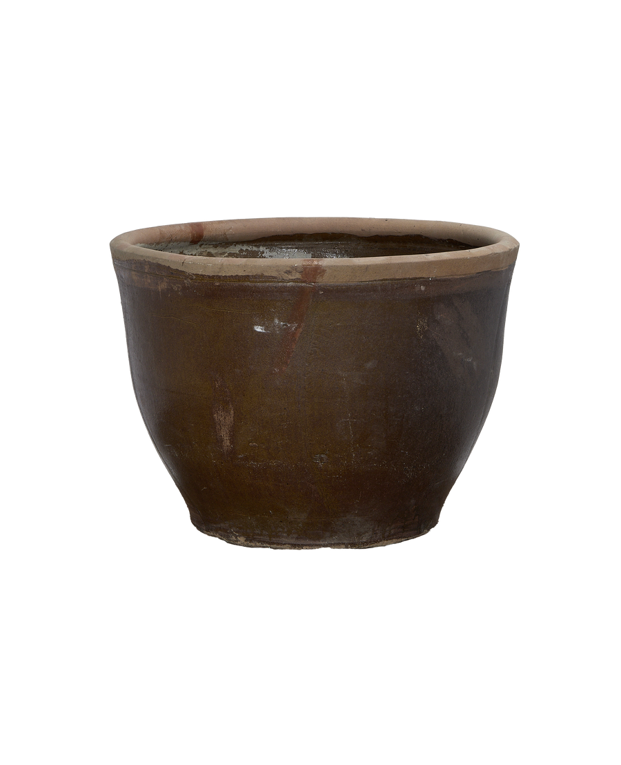 Vintage round ceramic Mulberry Planter, OAK, with darkened earth tones and aged patina.
