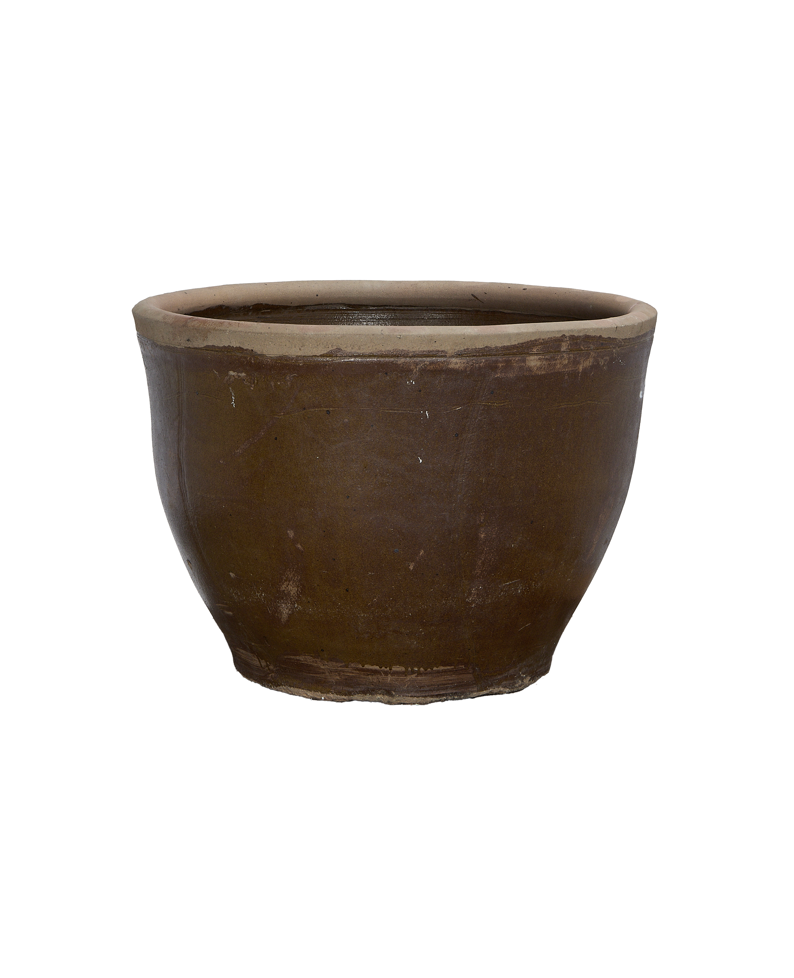 Vintage Chinese Mulberry OAK planter, showing rich brown glazed exterior with rim detail.