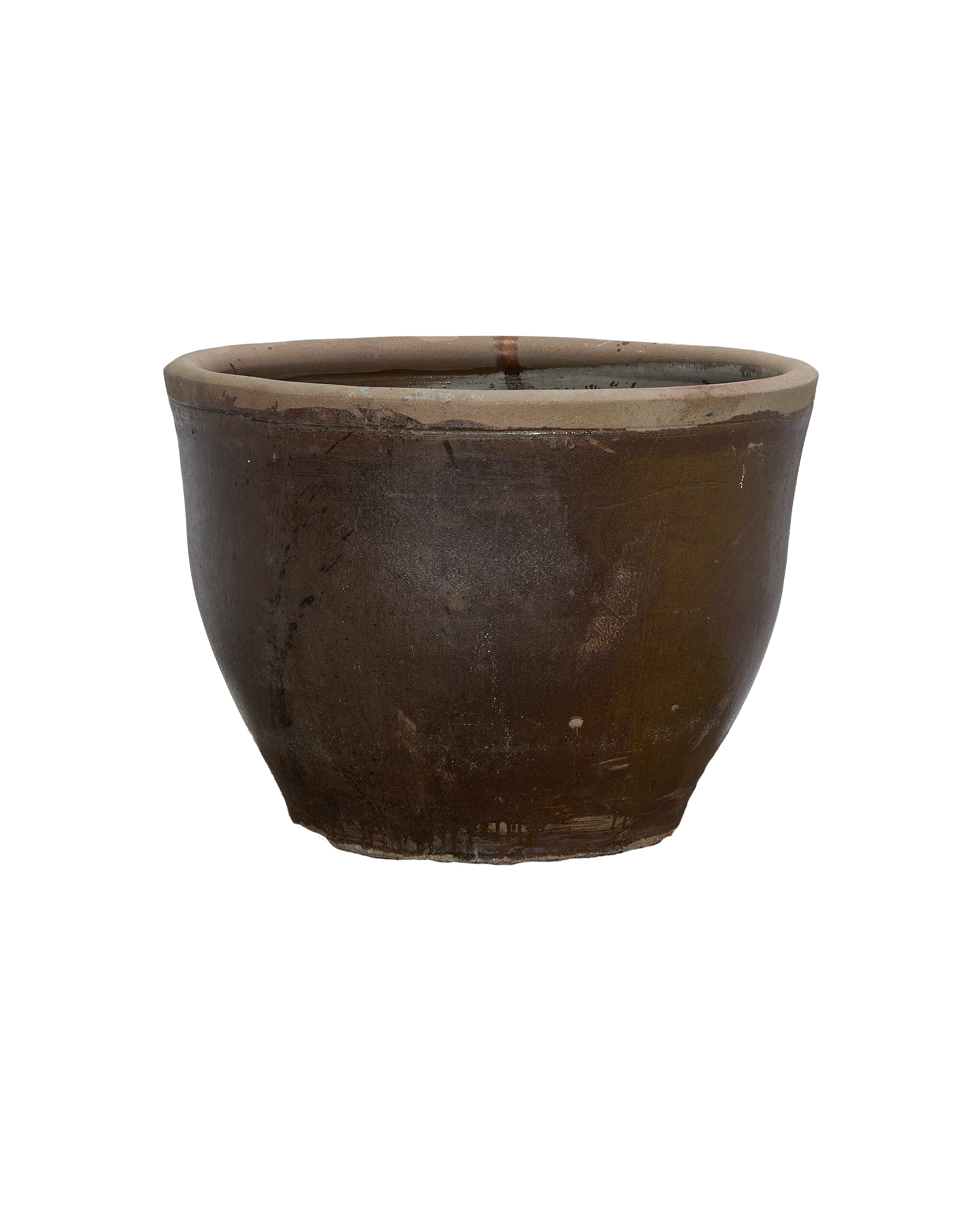 Vintage Chinese mulberry planter showing side profile, textured brown oak against black.