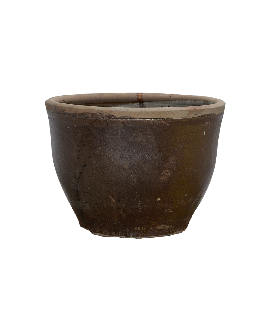Vintage Chinese mulberry planter showing side profile, textured brown oak against black.