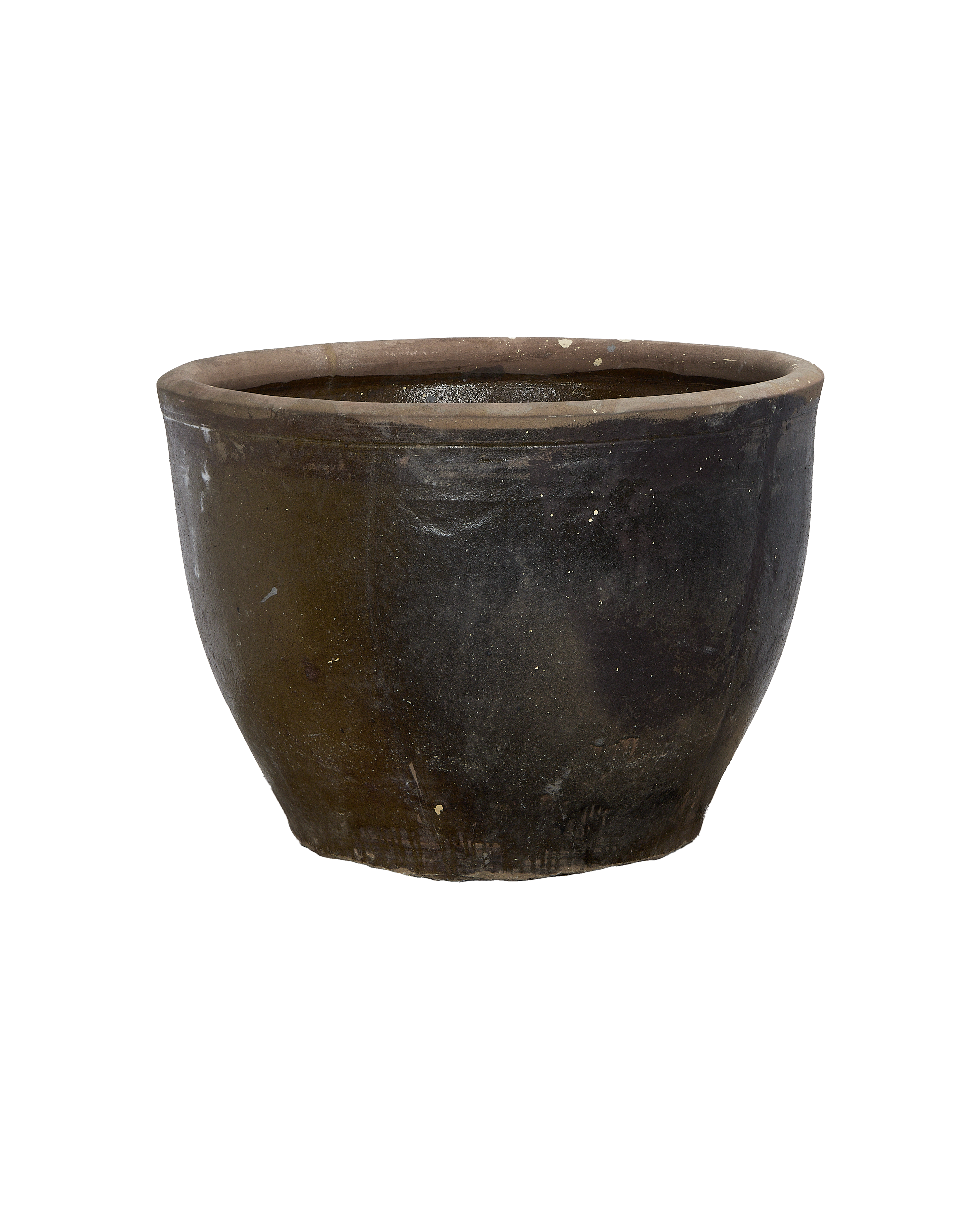 Vintage mulberry planter, dark brown oak, rustic Chinese earthenware, visible natural wear.