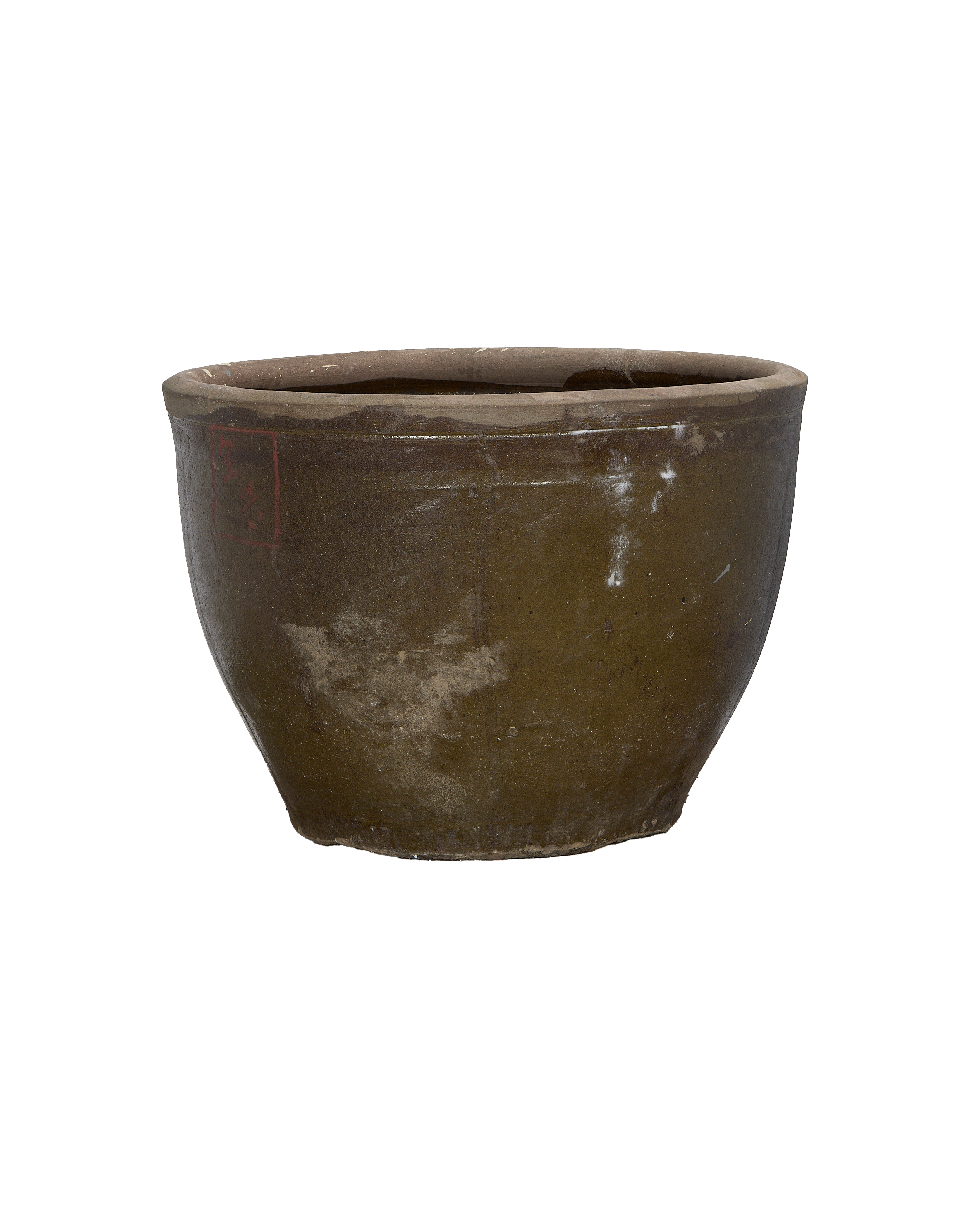 Vintage Chinese oak mulberry planter, aged dark green glaze, partial red marking.