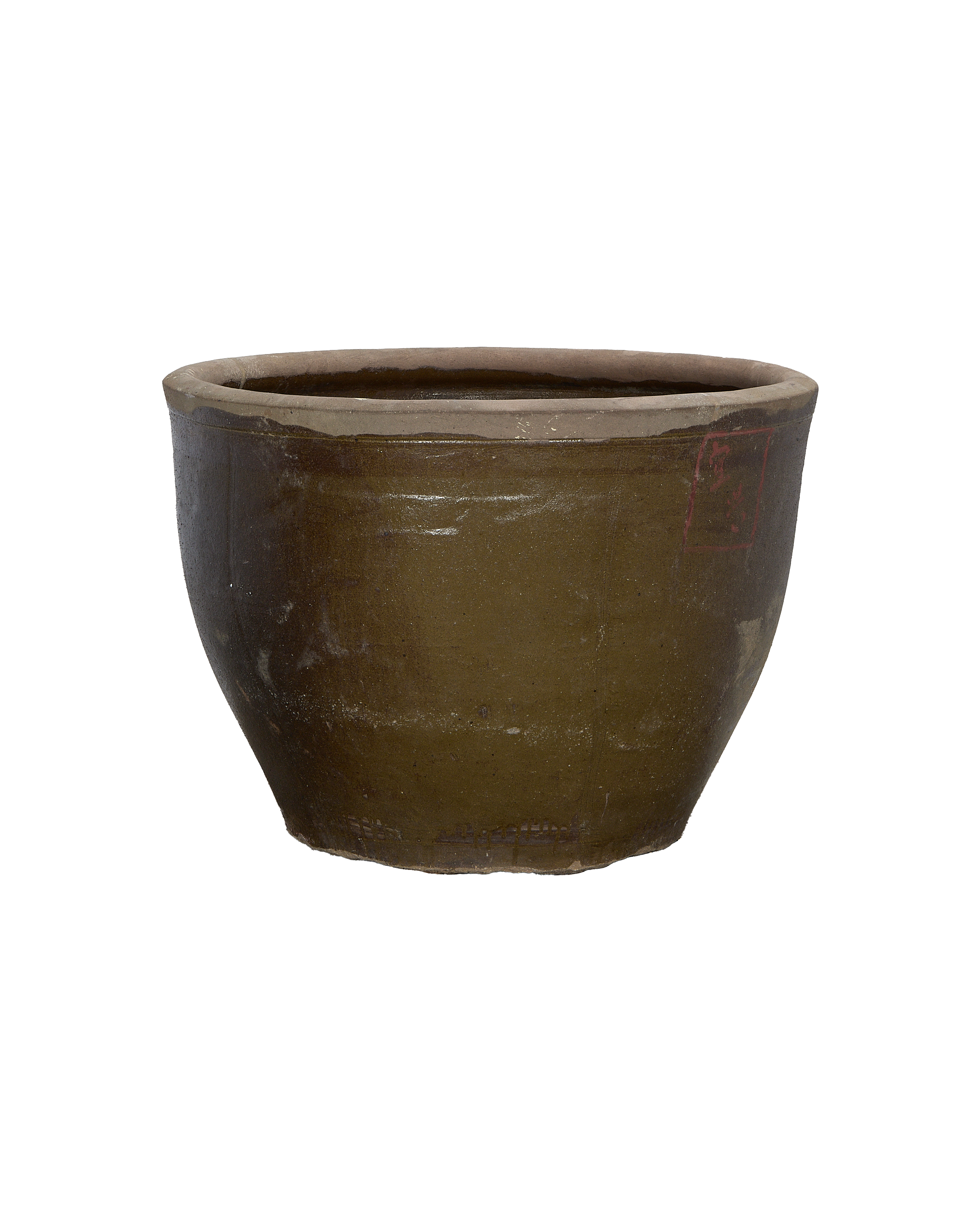 Vintage Chinese distressed OAK Mulberry Planter, showcasing aged texture and red mark.