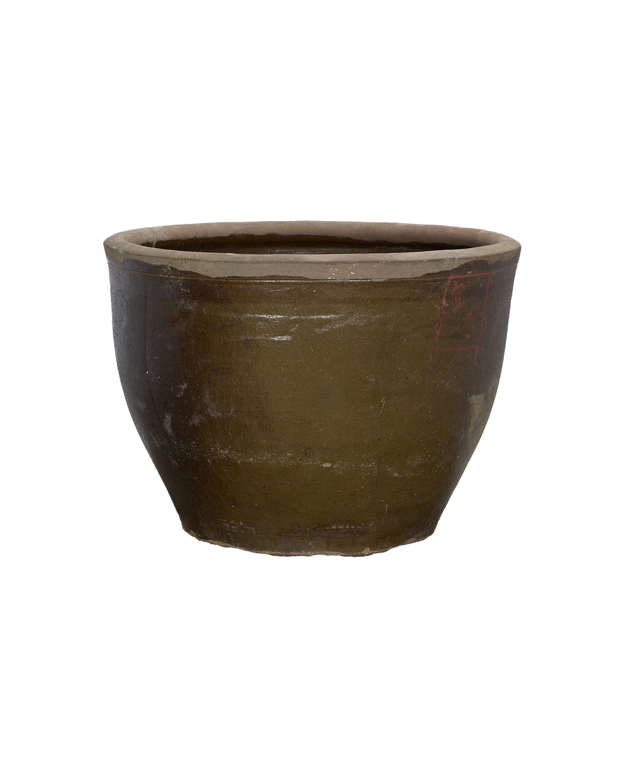 Vintage Chinese distressed OAK Mulberry Planter, showcasing aged texture and red mark.