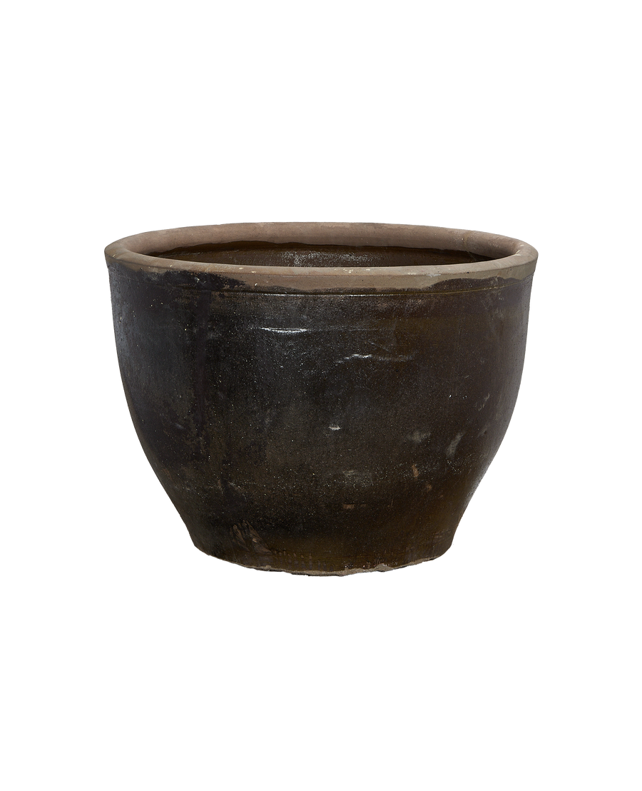 Vintage Chinese Mulberry Planter, oak, showcasing its rustic textured surface and sturdy rim.