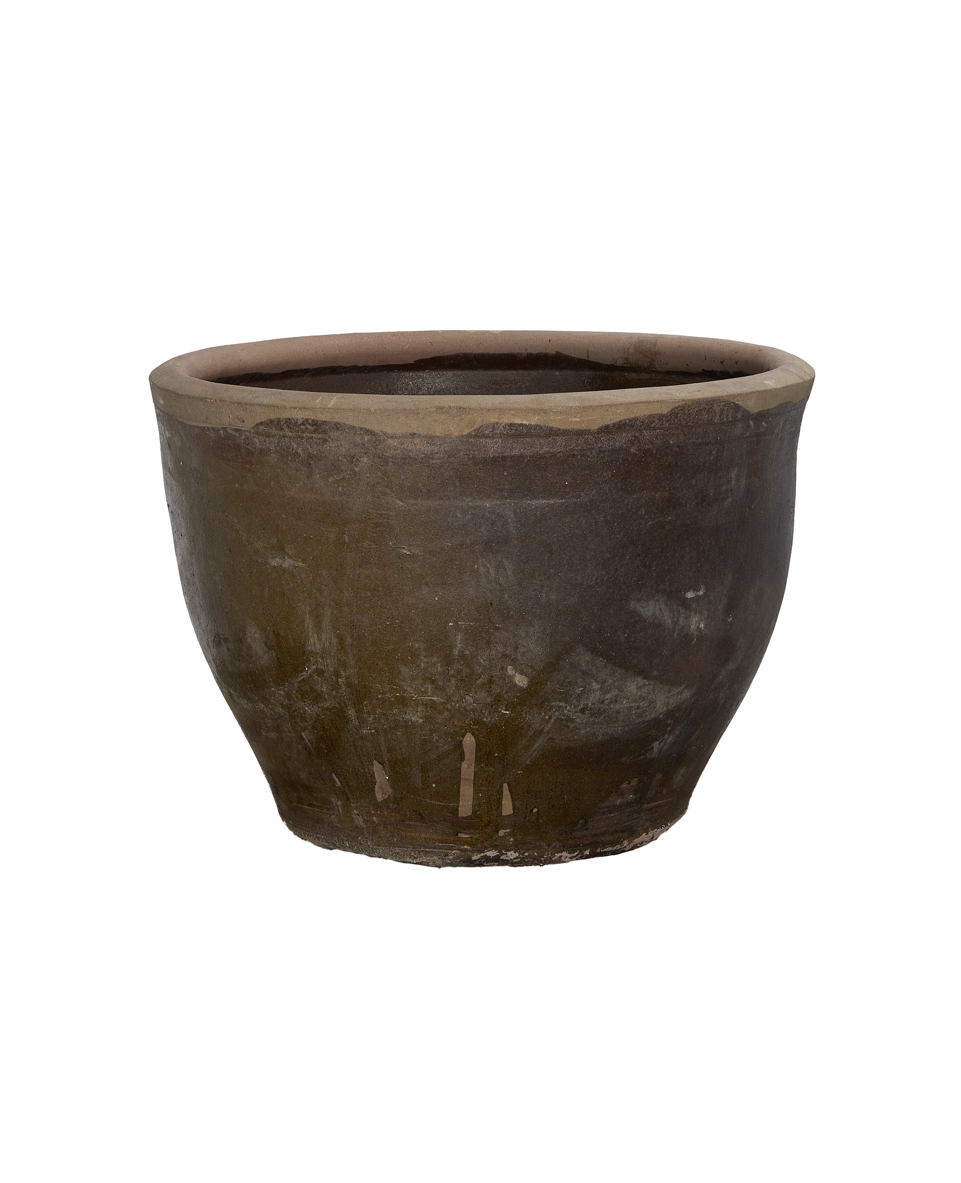 Vintage Chinese Mulberry Planter, brown-green glazed ceramic, showing aged texture and wide rim.