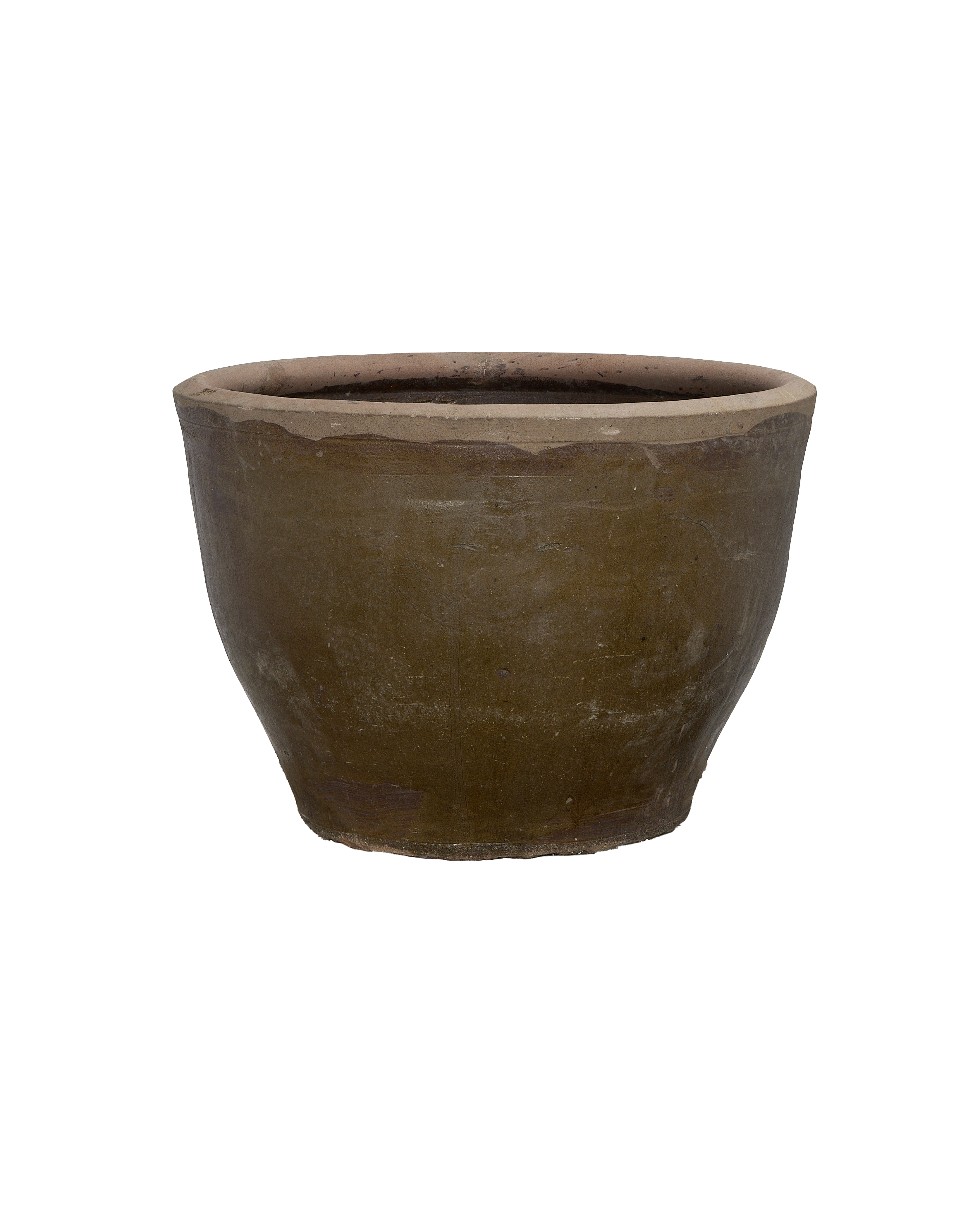Vintage Chinese Mulberry Planter, brown oak, showing weathered texture and rim detail.