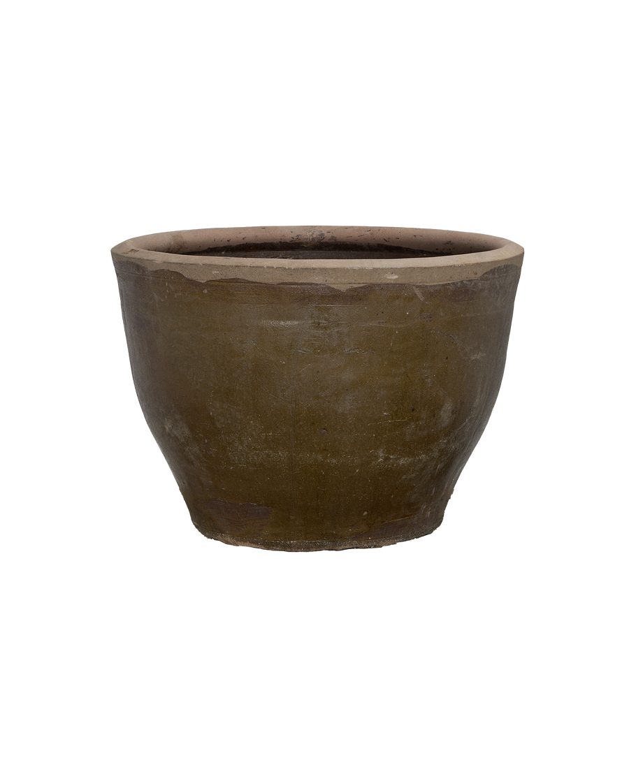 Vintage Chinese Mulberry Planter, brown oak, showing weathered texture and rim detail.