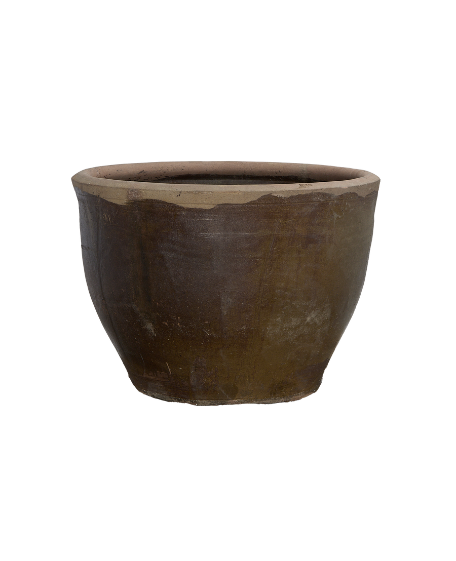 Vintage Chinese OAK Mulberry planter, showcasing its rustic brown color and weathered texture.