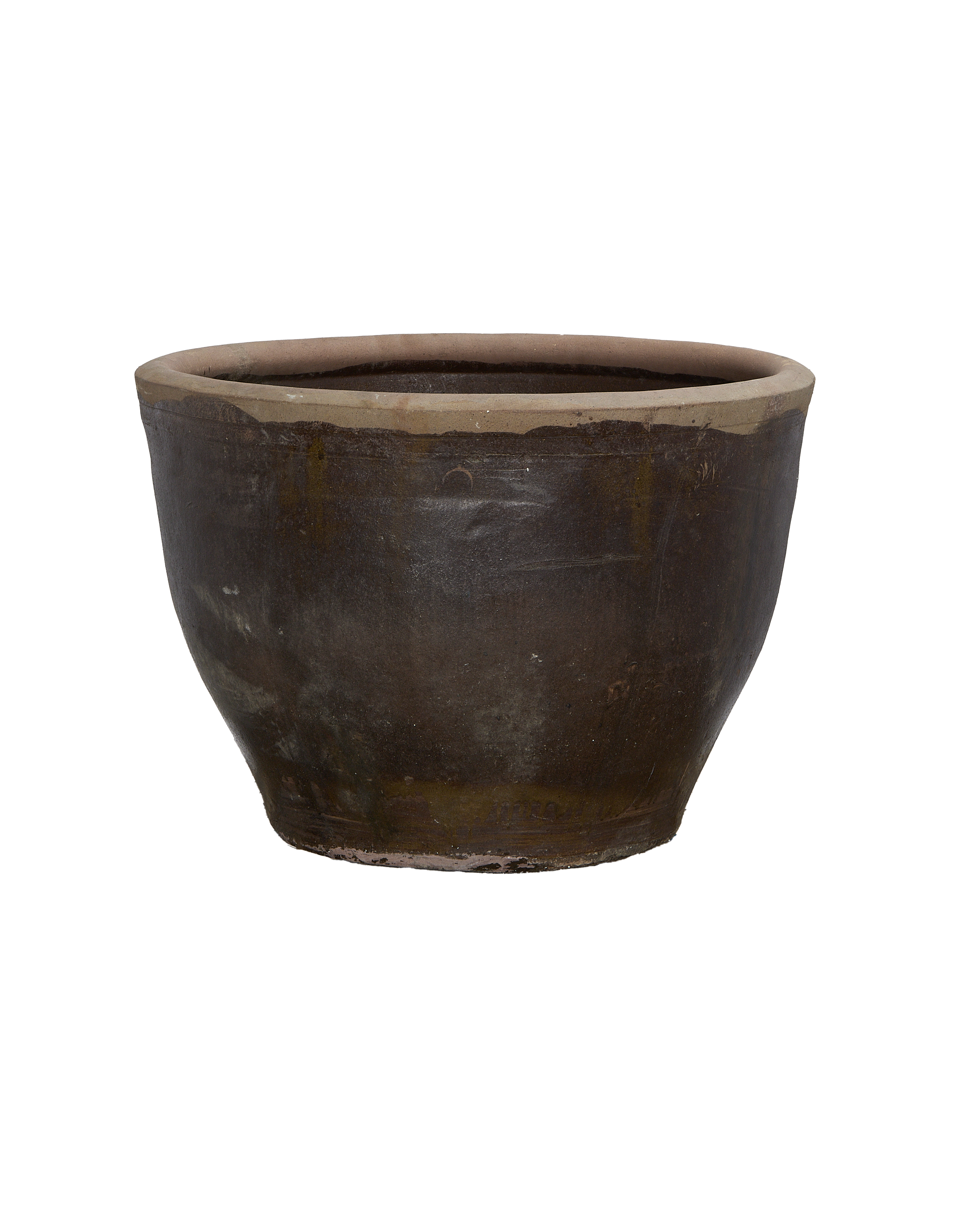 Vintage Chinese mulberry planter, close-up of dark brown glazed rim showcasing aged texture.