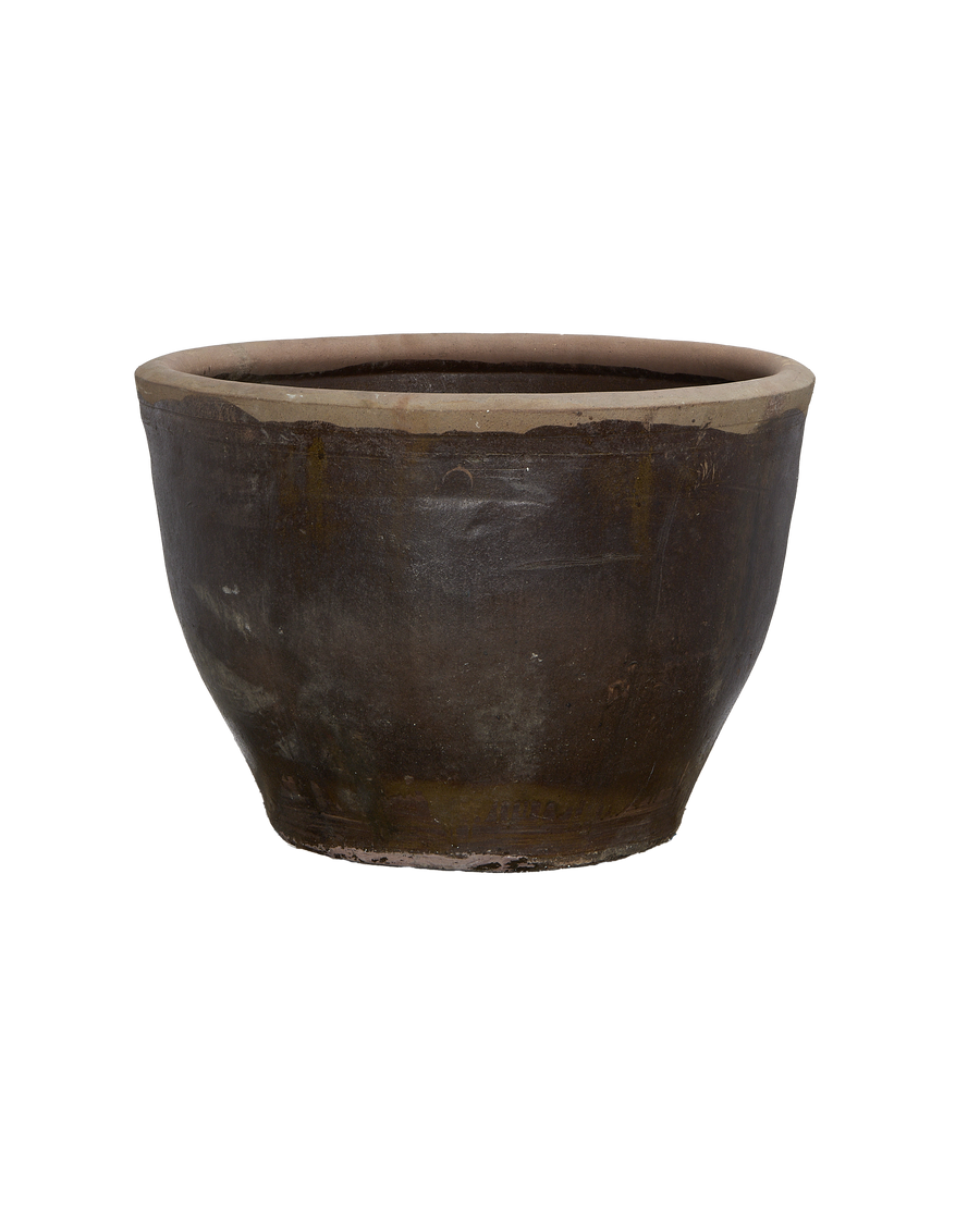 Vintage Chinese mulberry planter, close-up of dark brown glazed rim showcasing aged texture.