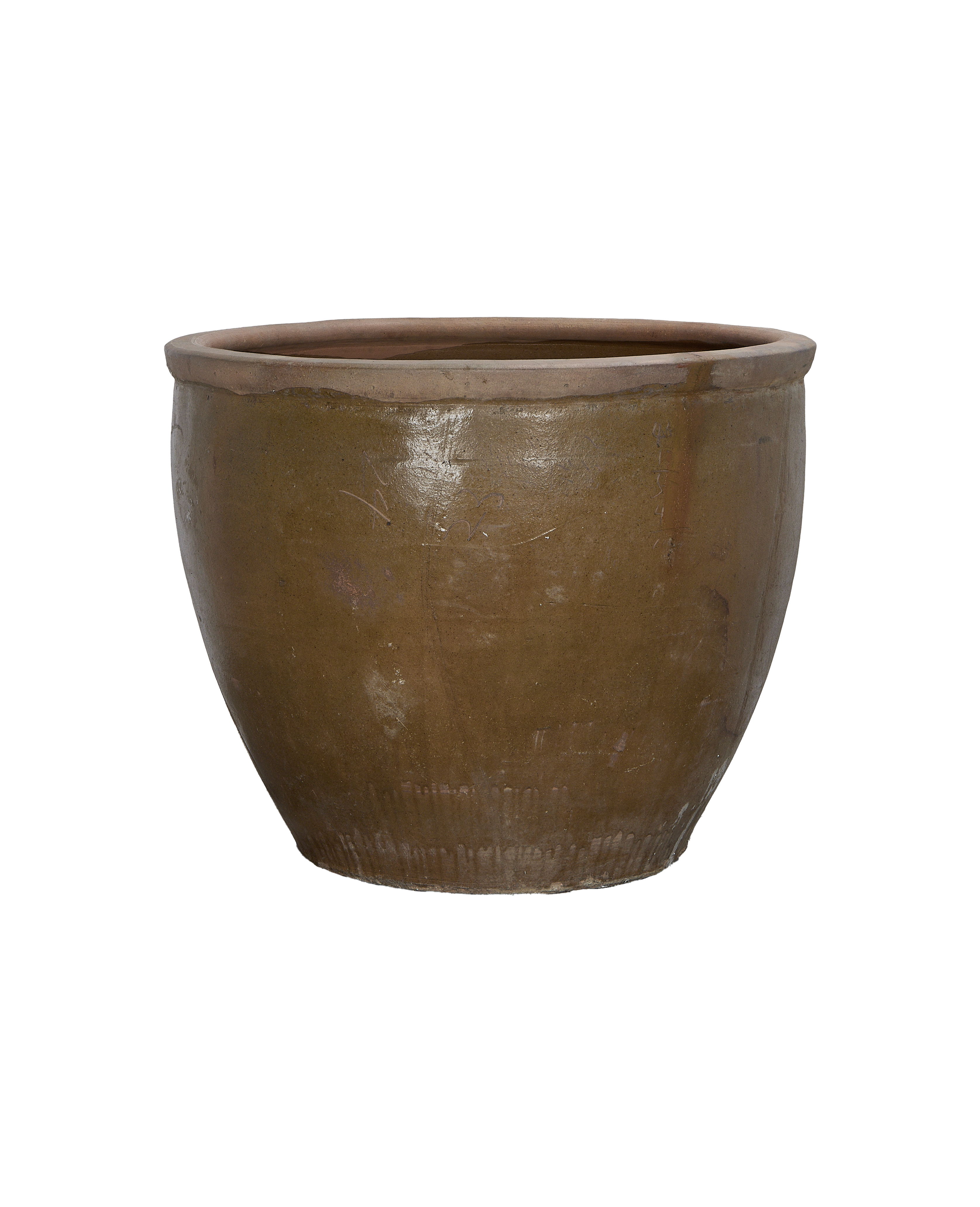 Mulberry Planter, vintage Chinese oak, round, dark brown, textured surface details.