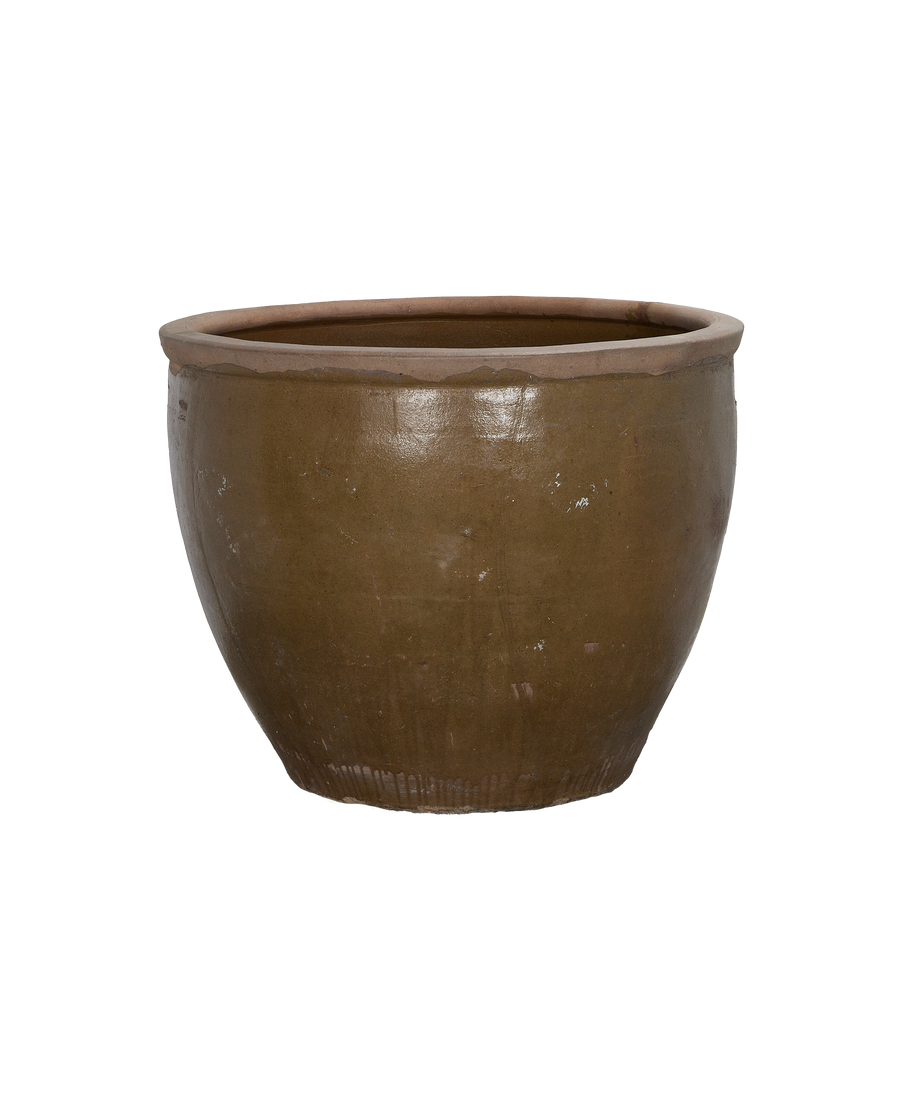 Vintage Chinese OAK Mulberry planter, brown patina glaze with slightly rough texture, natural wear.