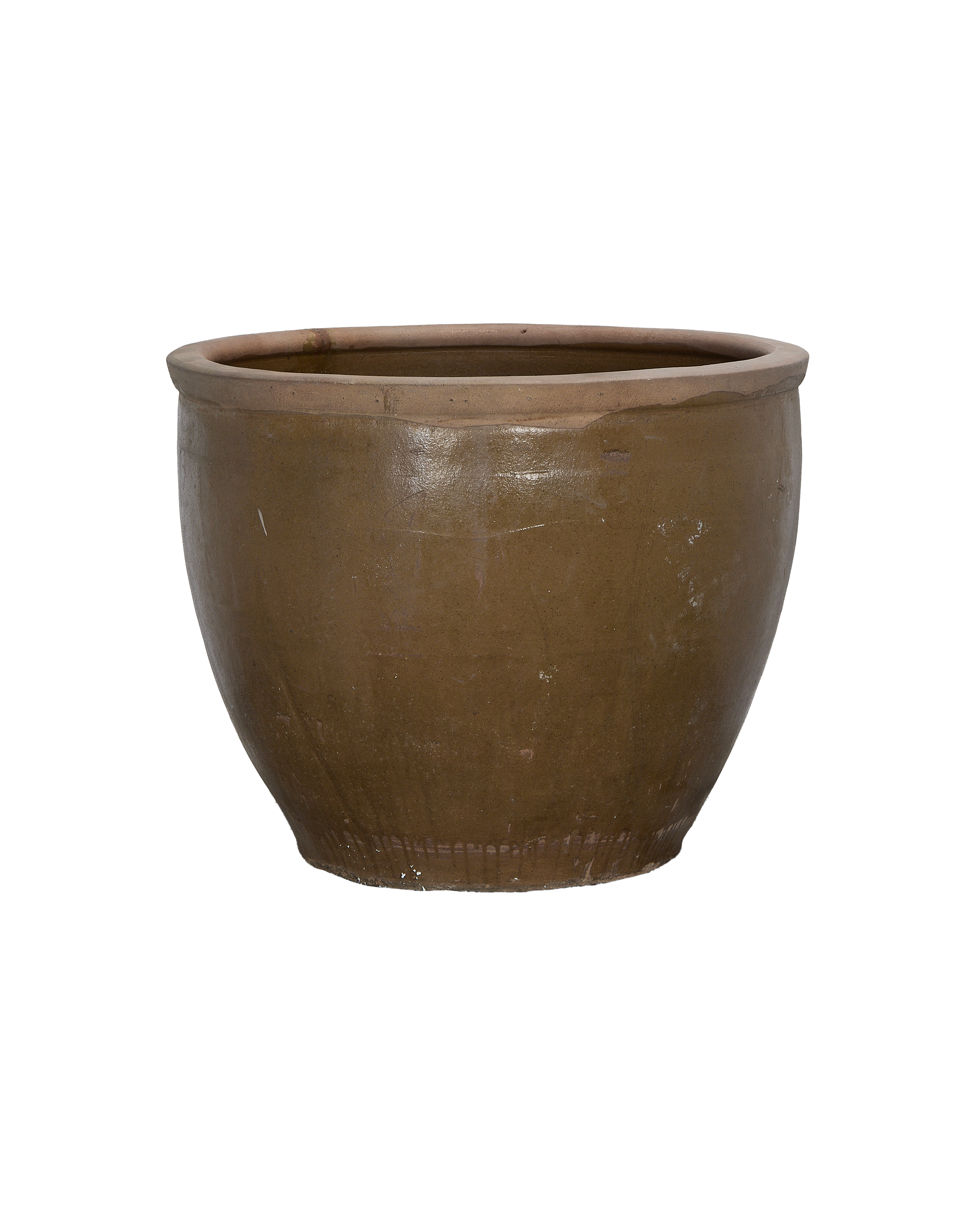 Vintage mulberry planter, distressed brown finish, showcasing bottom rim and textured side.