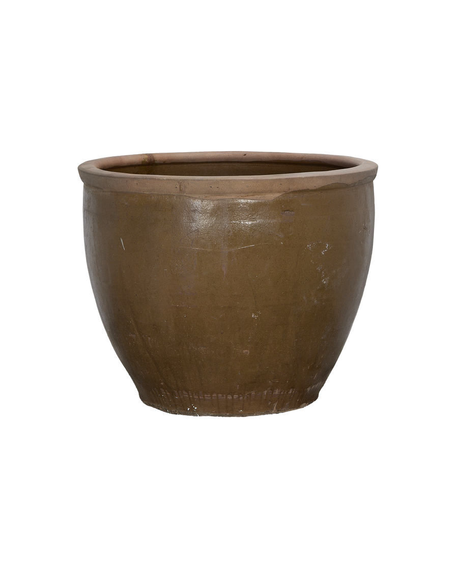 Vintage mulberry planter, distressed brown finish, showcasing bottom rim and textured side.