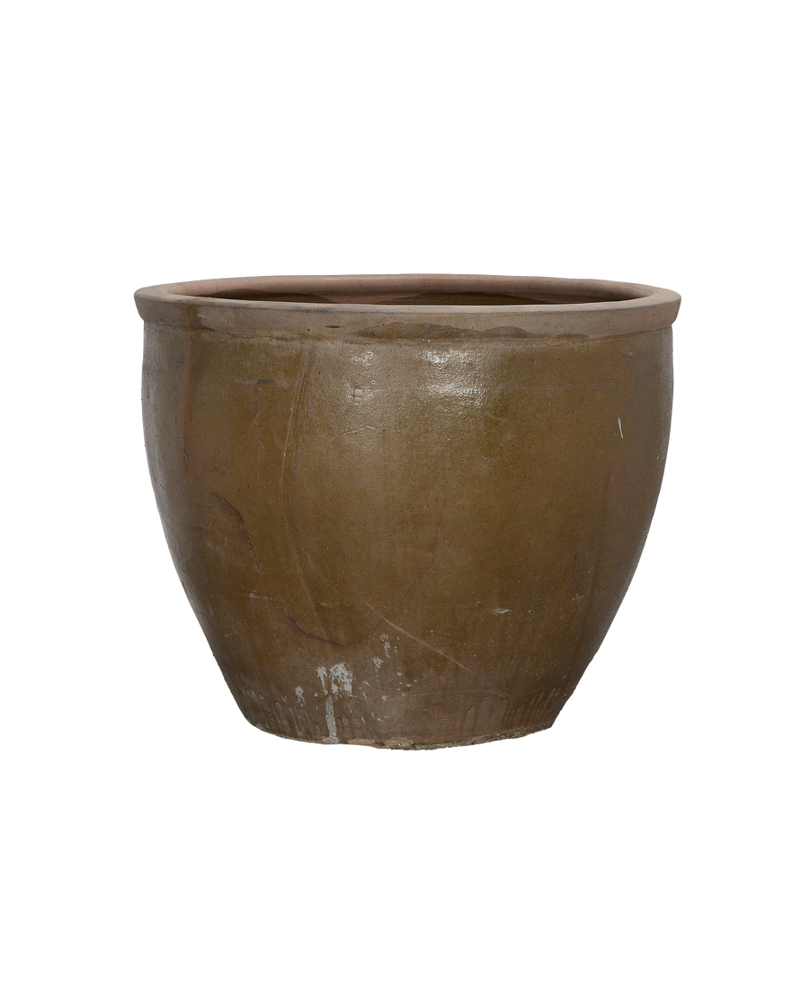 Vintage Chinese mulberry brown glazed stoneware planter showing beautiful oak color variations.